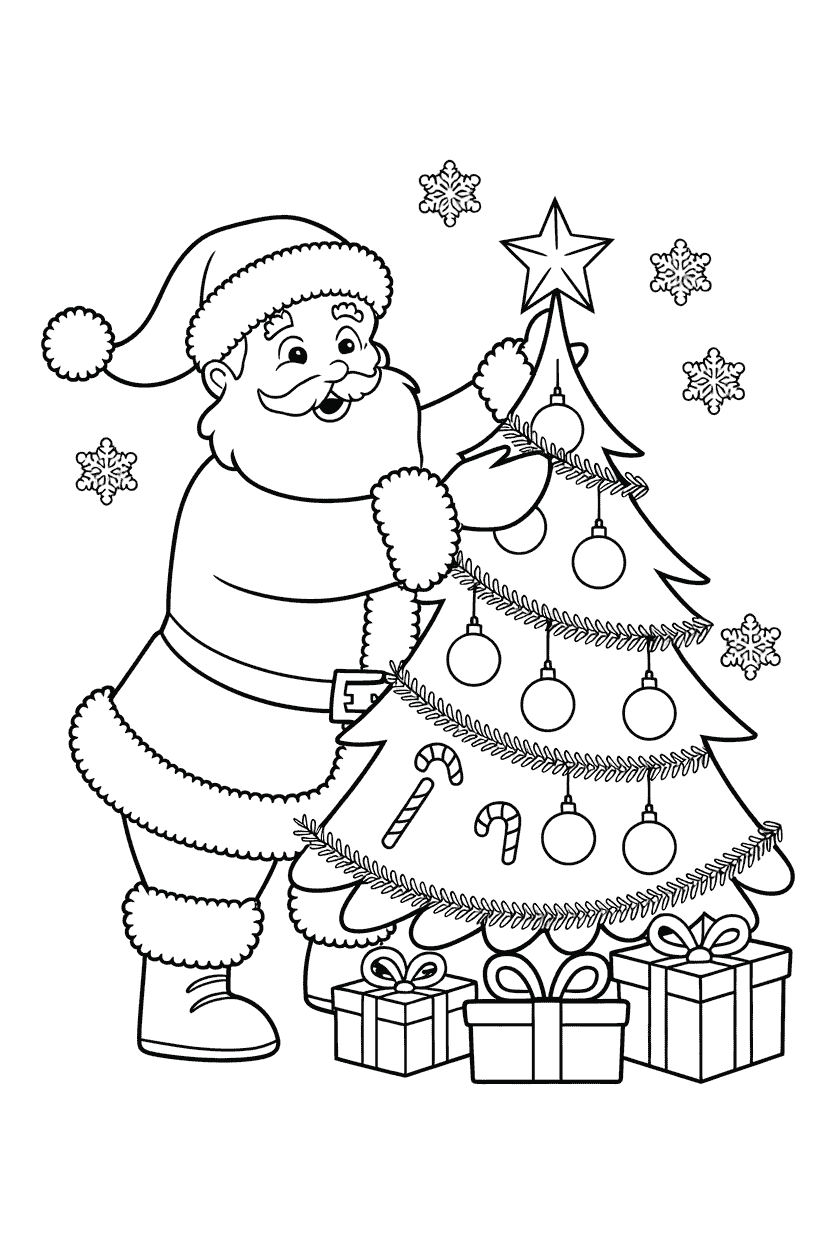 santa with tree and gifts coloring page