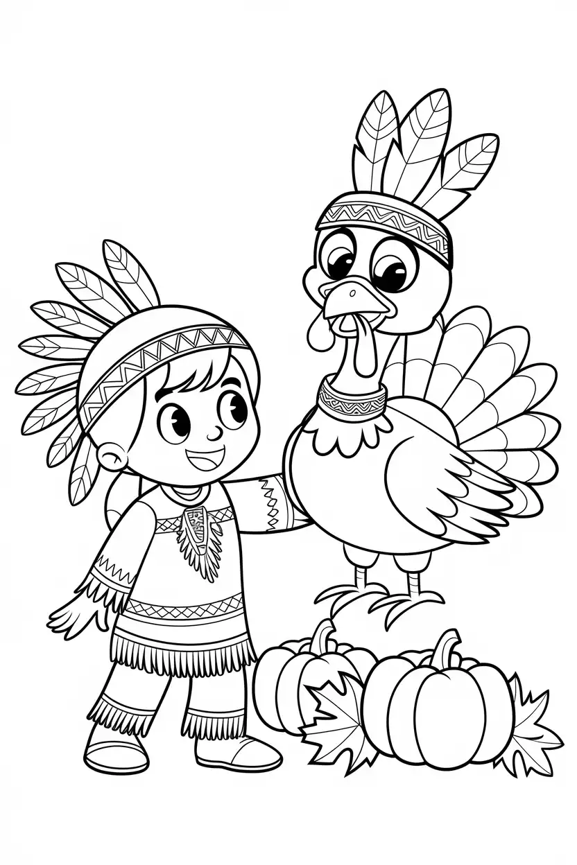 cute turkey on pumpkin with indian boy