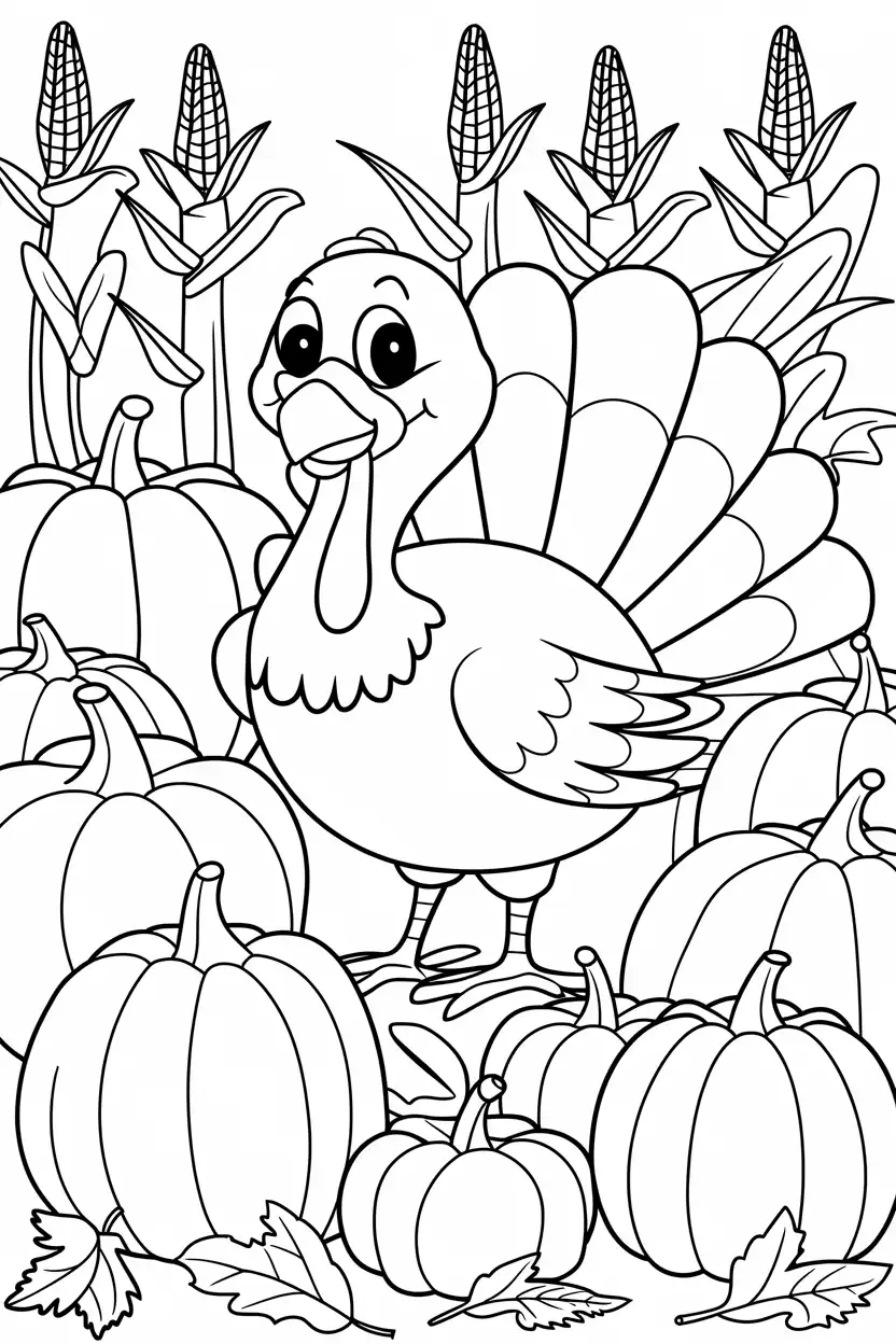 turkey in pumpkin and corn patch