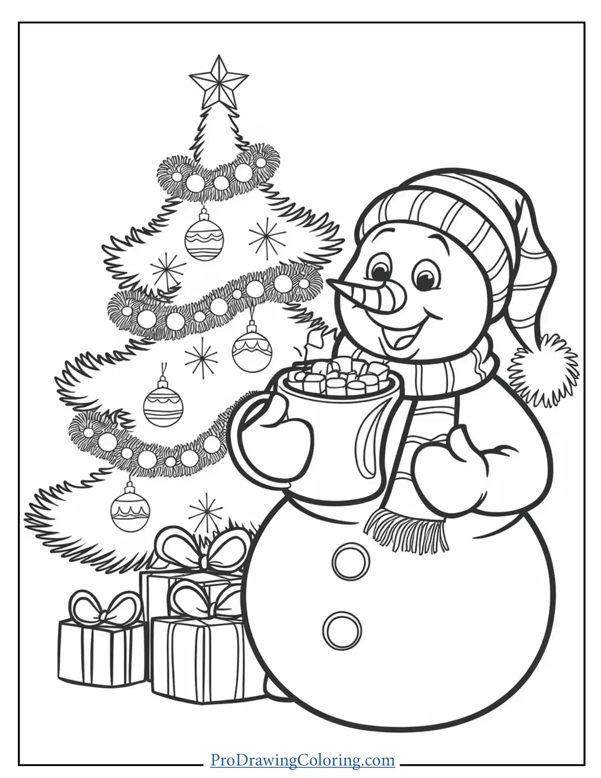 happy snowman with tree coloring page