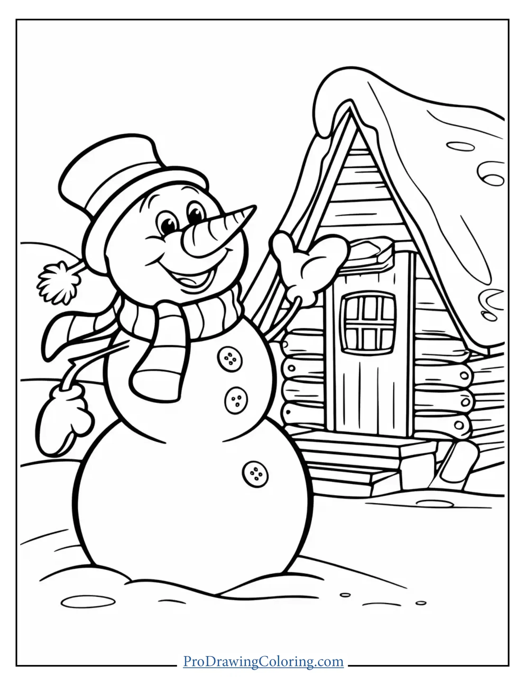 snowman by cabin coloring page