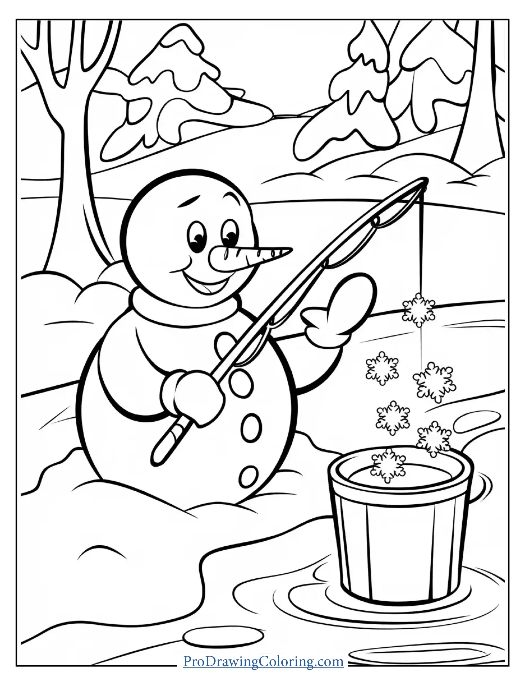 snowman fishing by riverbank