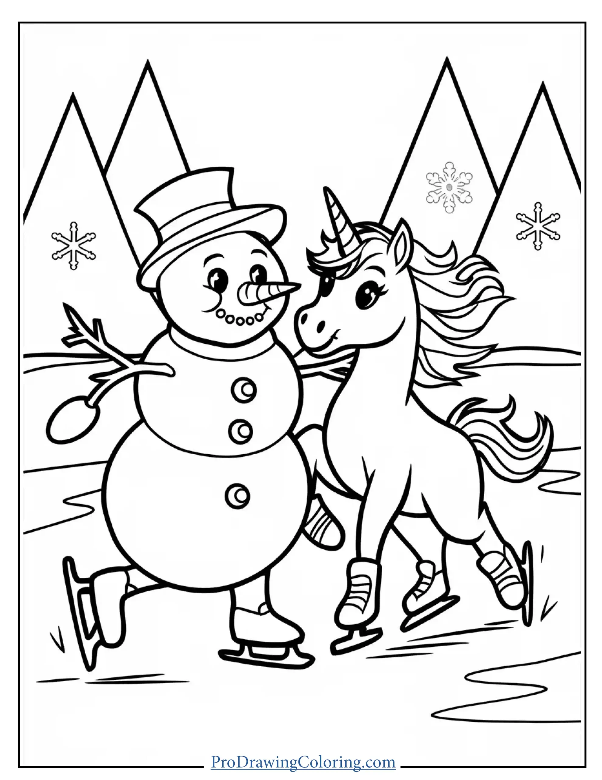 snowman skiing with unicorn coloring page