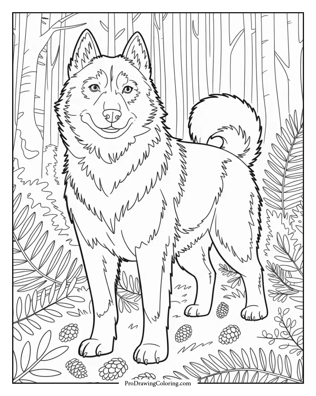 adult husky dog art coloring page Highly detailed husky illustration in a forested background, ideal for mindful coloring by grown-ups