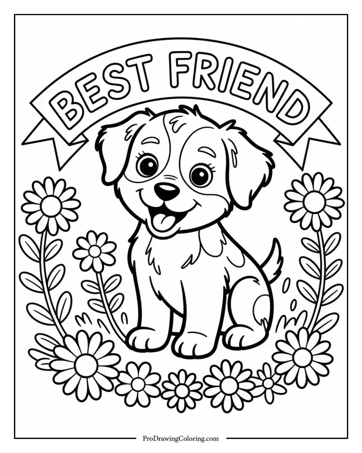 adult puppy dog art coloring page Detailed coloring page of a stylized puppy dog surrounded by floral elements, designed for adult coloring