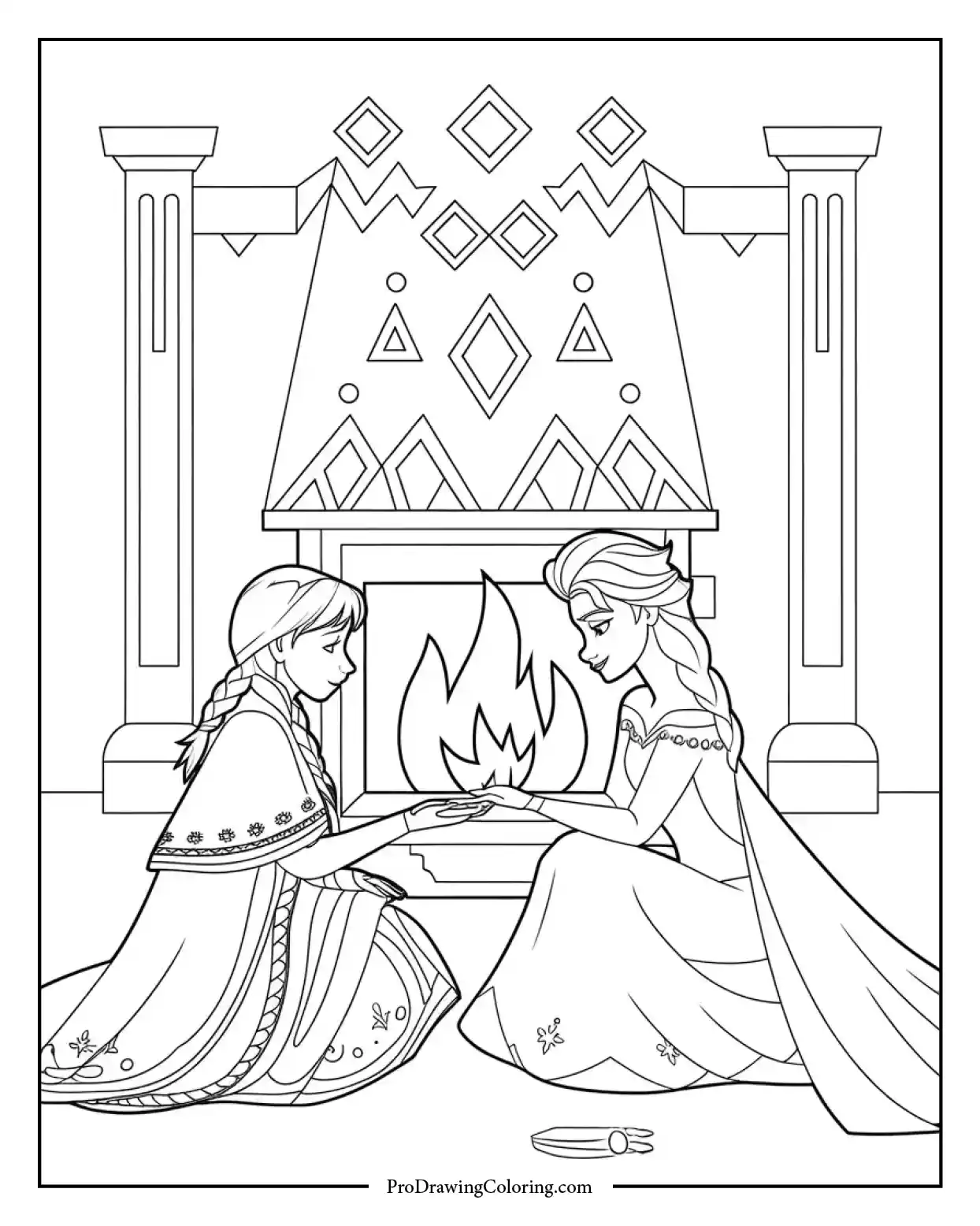 Cozy coloring page for girls of Anna and Elsa sitting by the fire