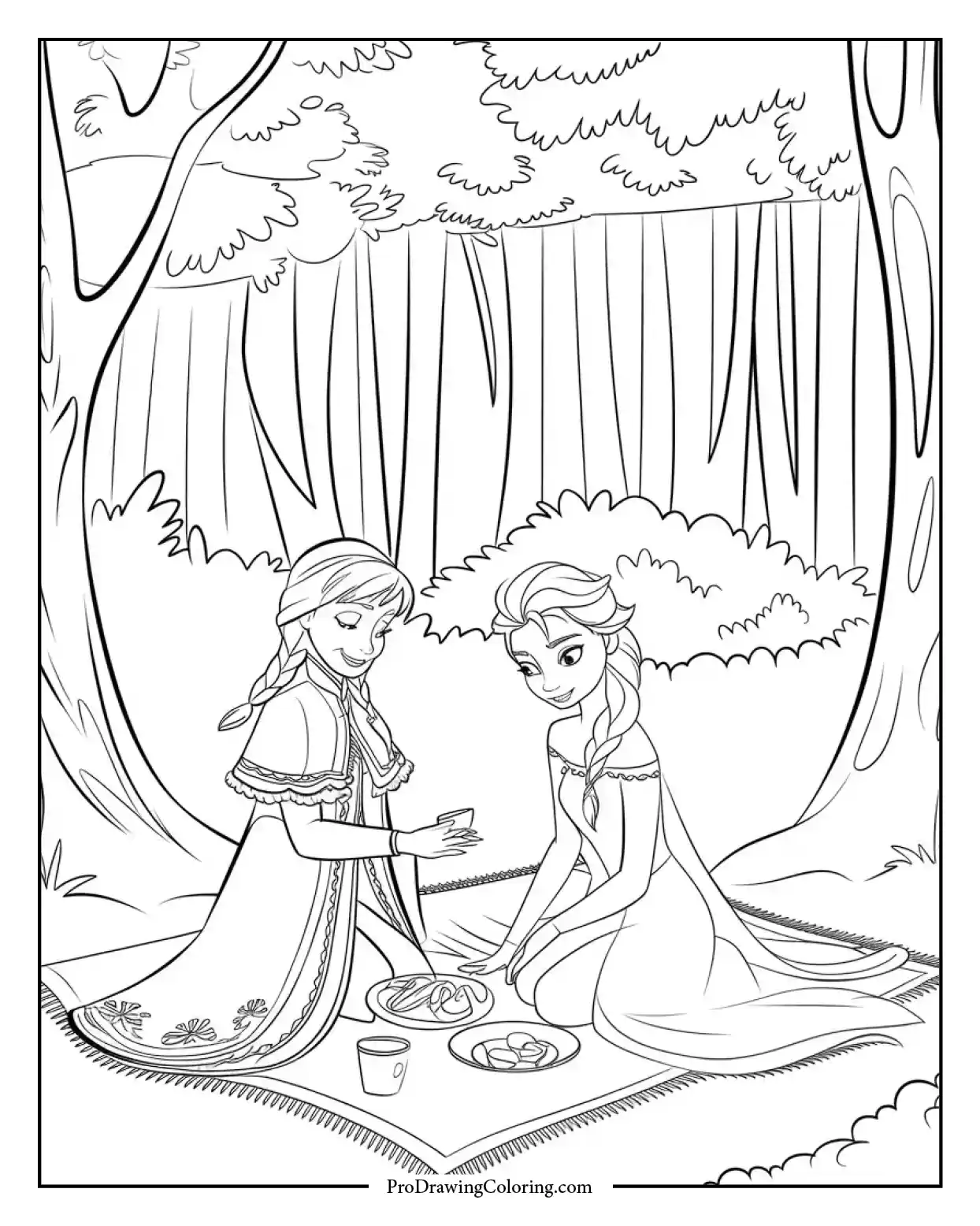 Anna and Elsa having a picnic in nature, gentle scene