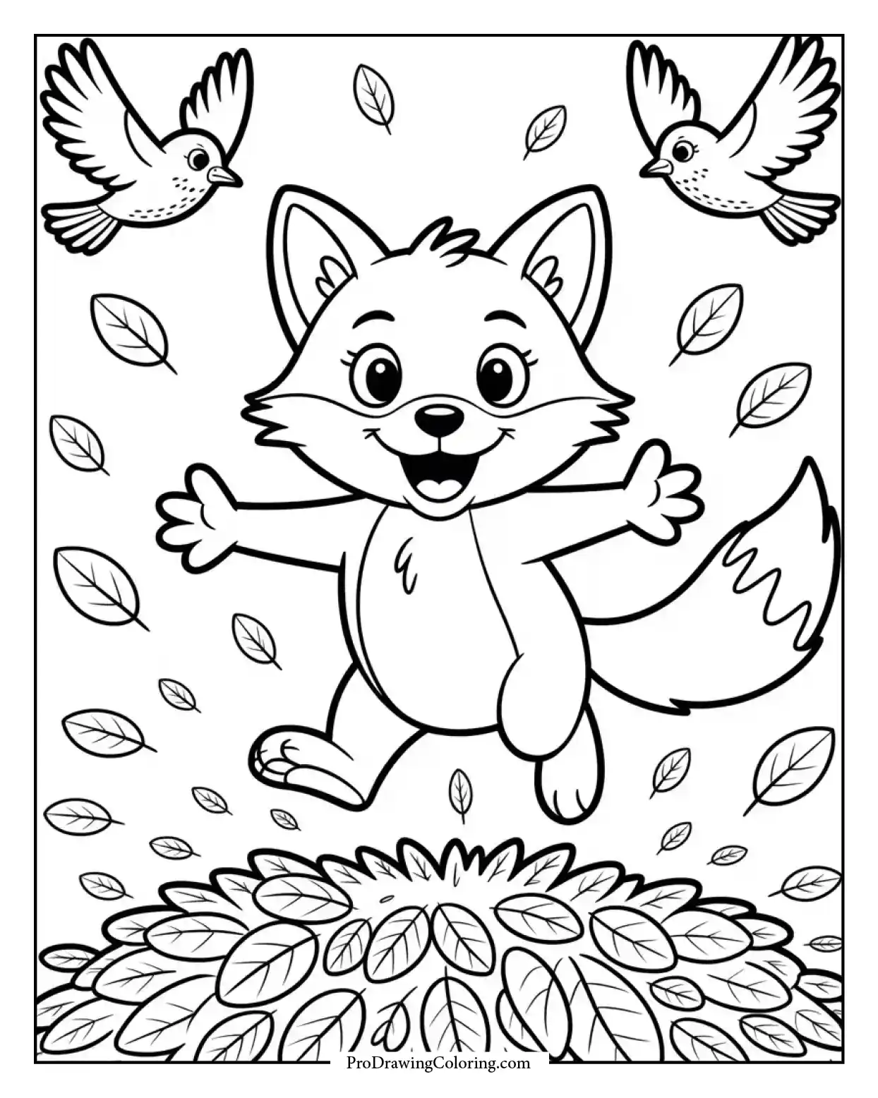 Coloring activity page depicting cartoon fox jumping in a leaf pile with birds flying.