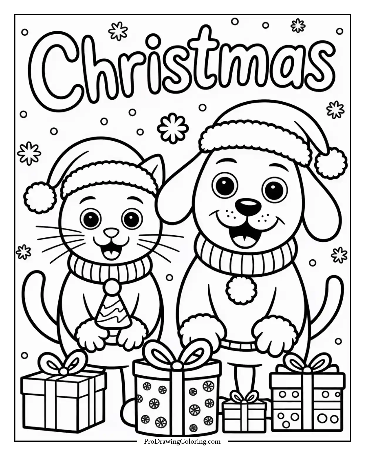 cat and dog christmas coloring page Coloring page showing a cat and dog in Christmas outfits with gifts and snow, perfect holiday fun