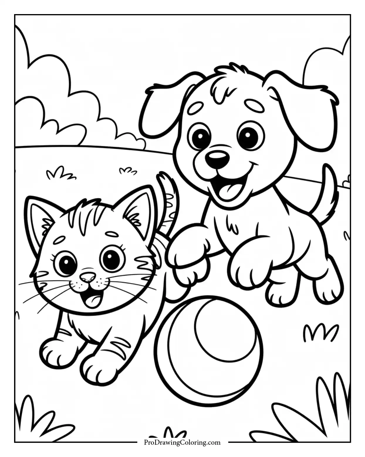 cute cat and dog for kids coloring page Printable coloring page of a cute cat and dog playing with a ball, designed for young children