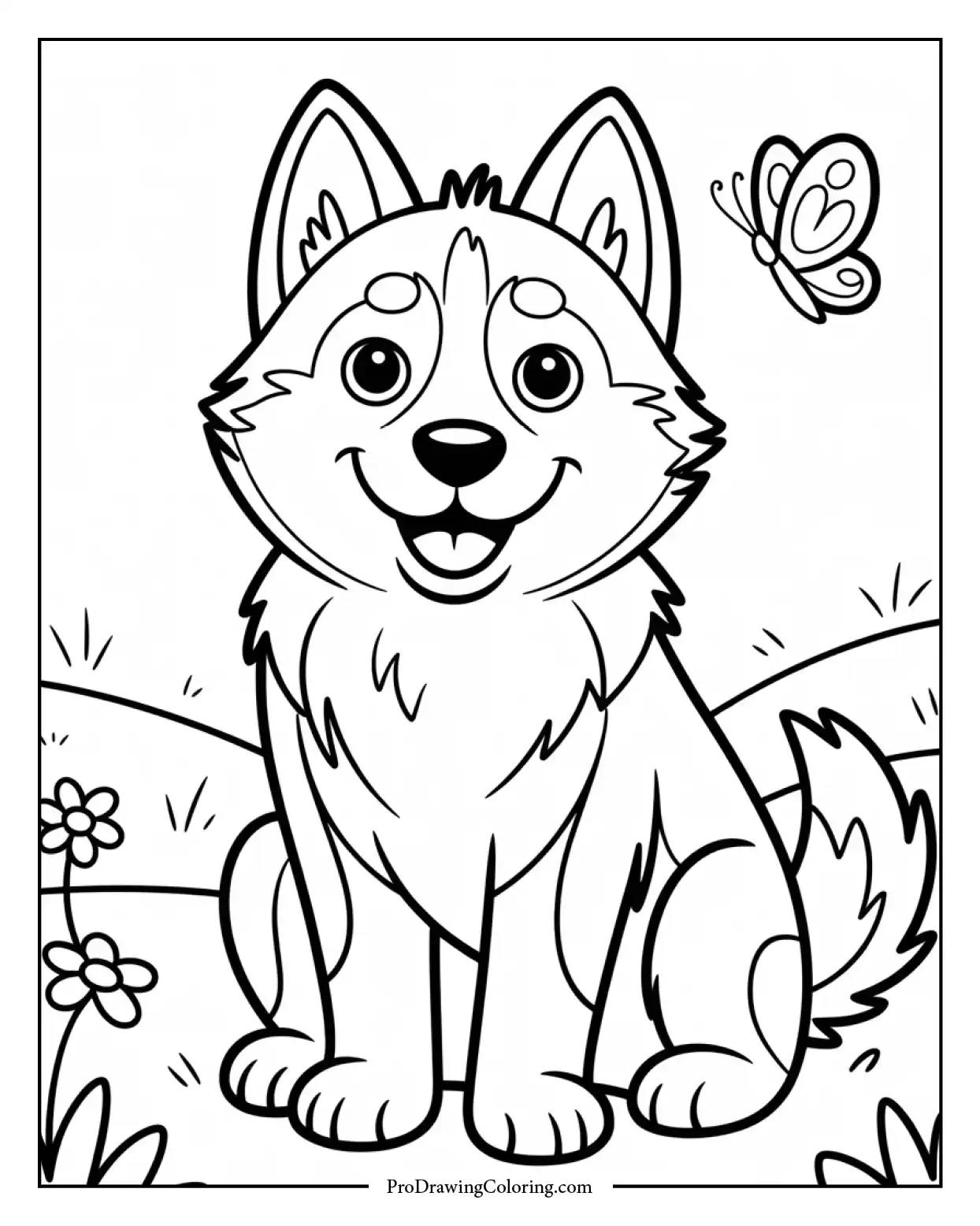cute husky dog for kids coloring page Easy coloring activity of a smiling husky dog sitting down, designed with simple outlines for kids