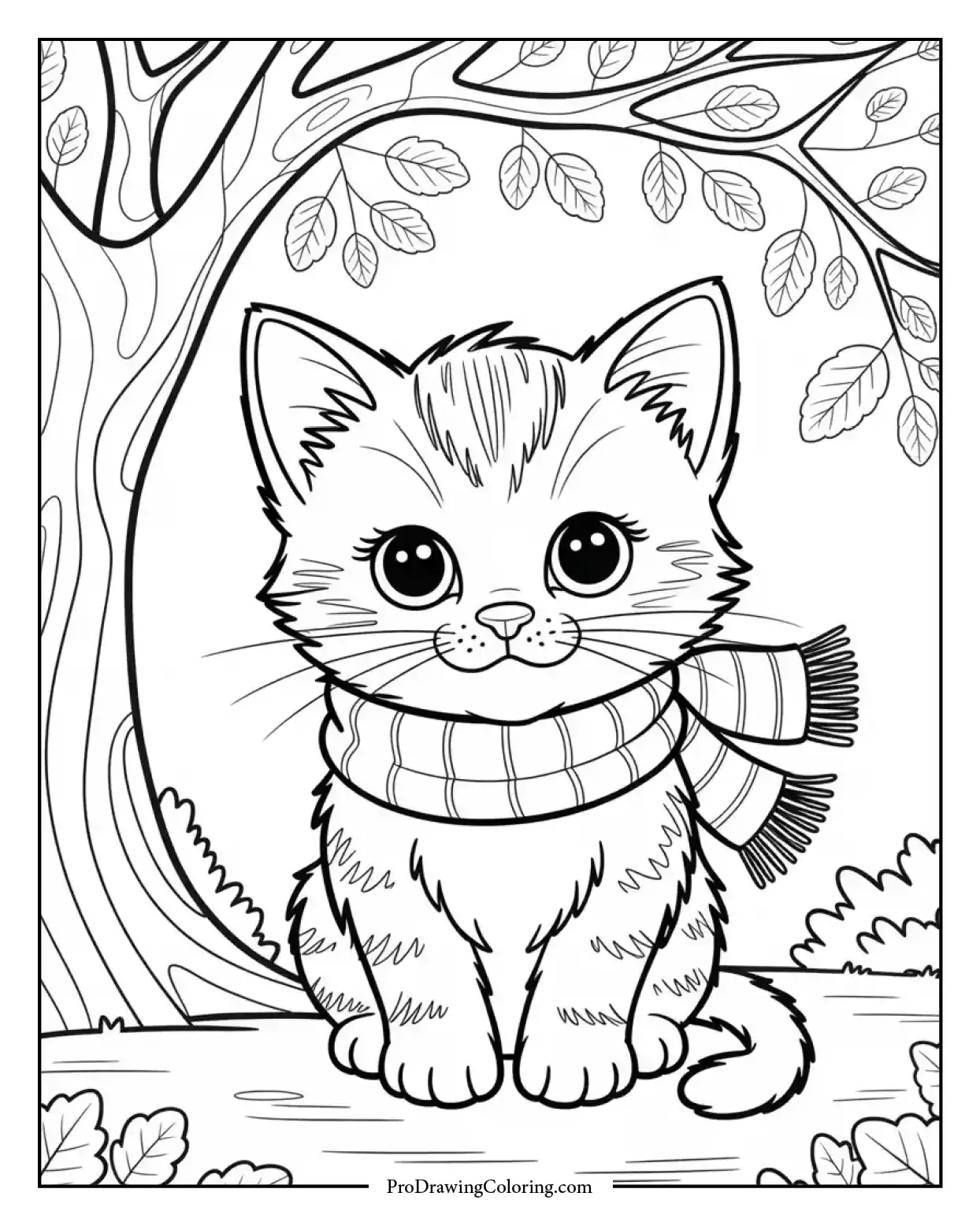 Whimsical fall coloring image of cute kitten wearing a scarf under a fall tree.