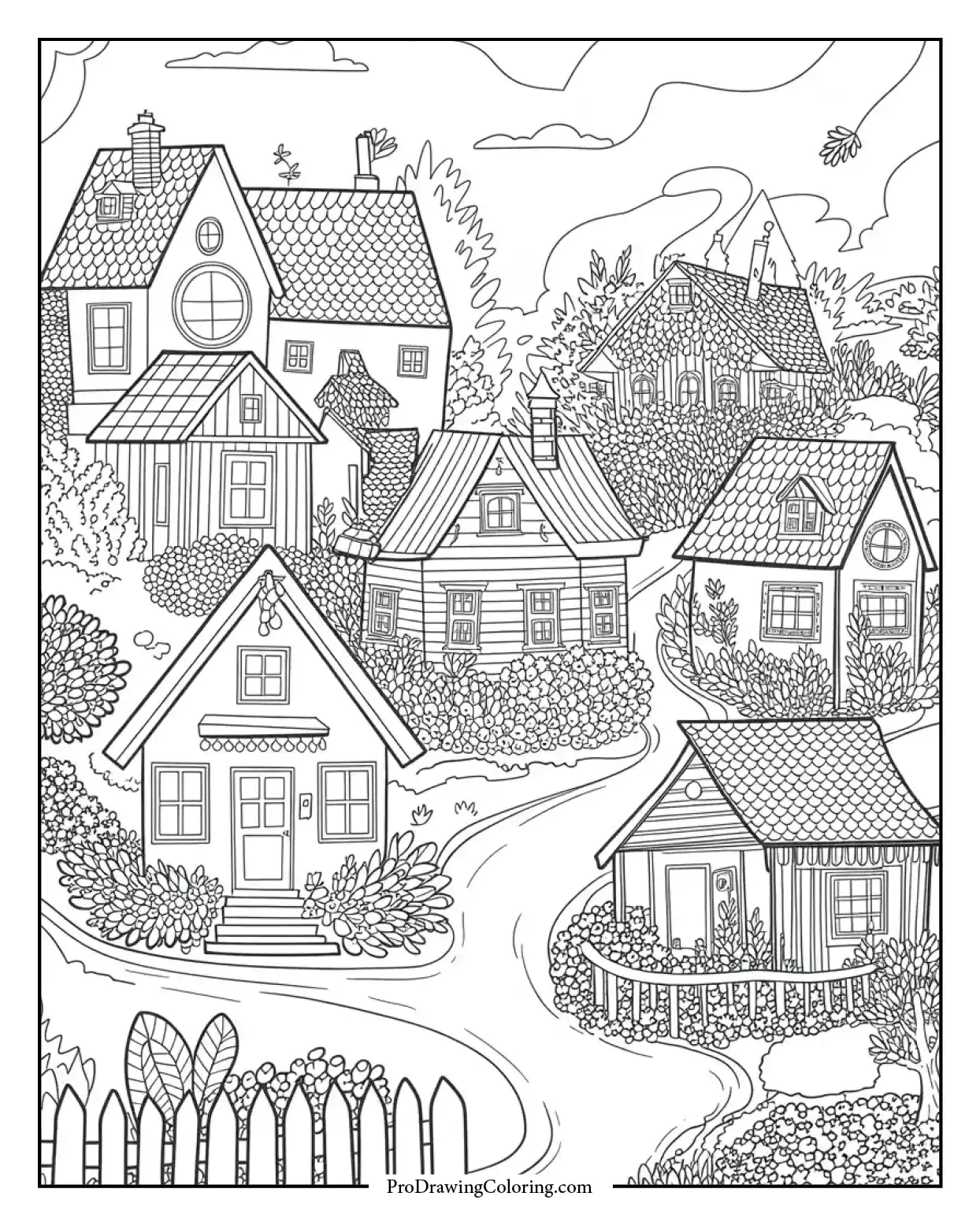 Detailed fall season illustration of detailed fall village with cozy houses and foliage.
