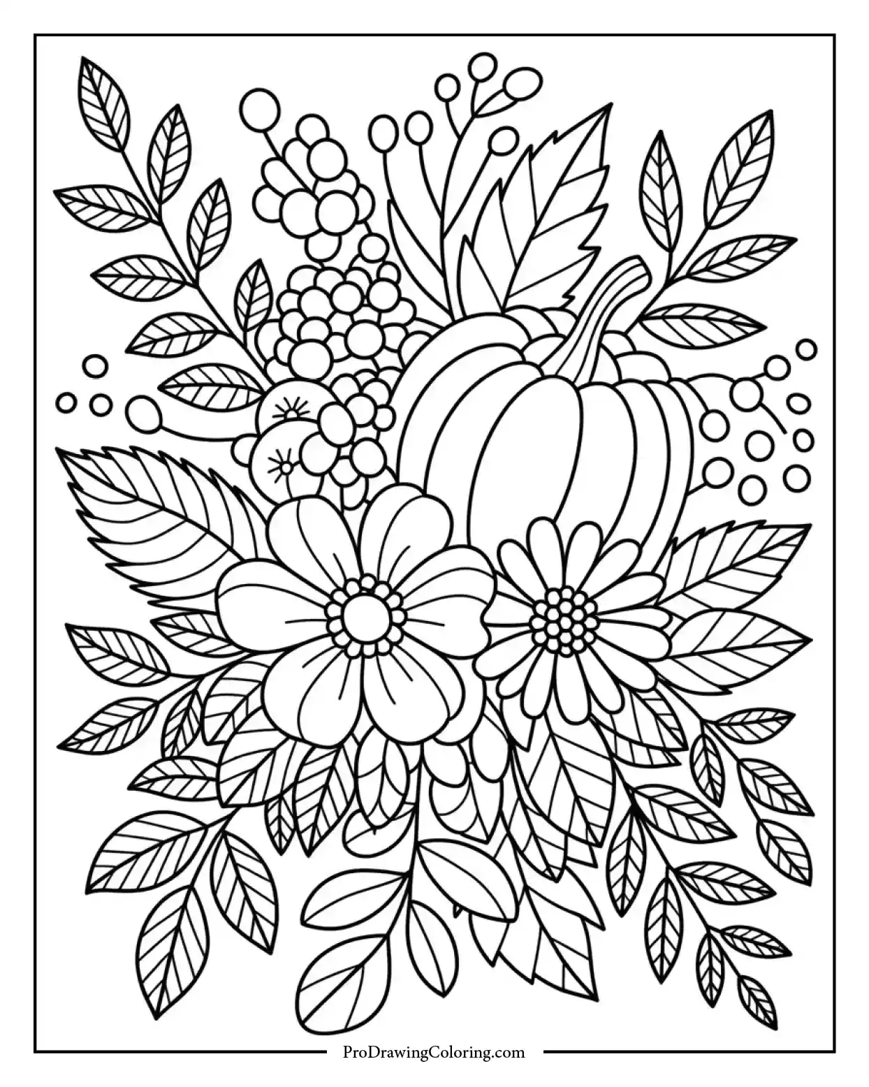 Kids' fall coloring artwork with detailed fall bouquet with leaves, flowers, and berries.