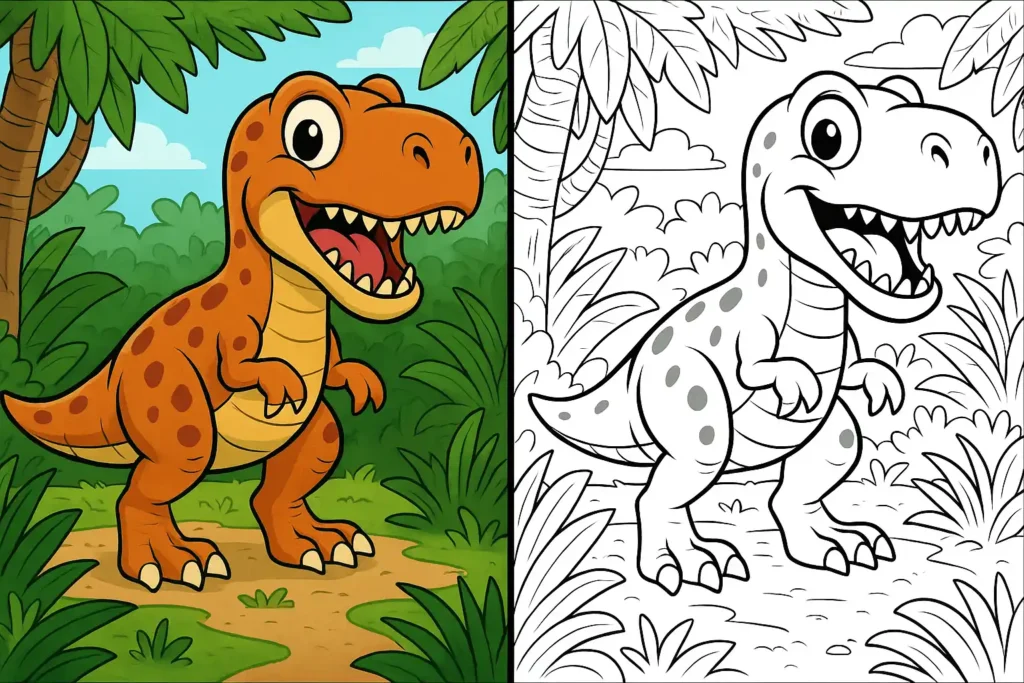 Free dinosaur coloring pages printable in PDF – kids drawing T-Rex, Triceratops, baby dinosaurs and more, ready to color.