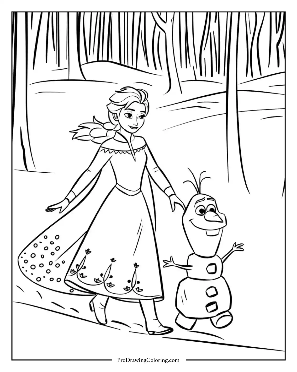 Happy coloring page showing Elsa and Olaf playing in the snow