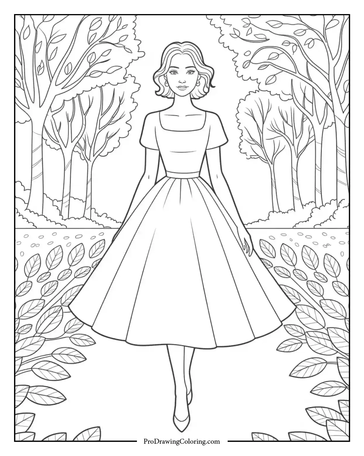 Autumn line drawing of elegant lady in fall dress walking in a leafy park.