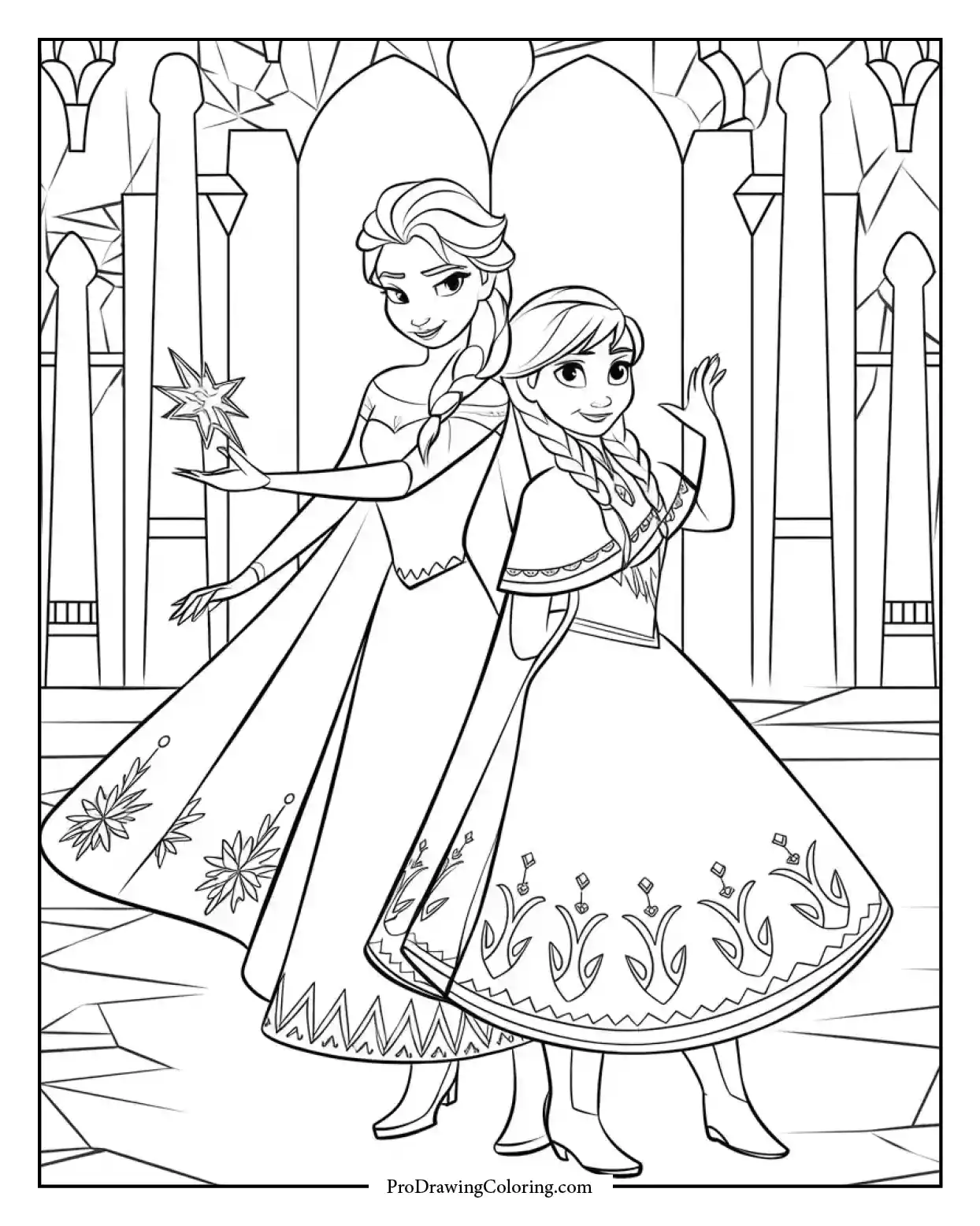 Elsa and Anna exploring a magical ice castle, black and white