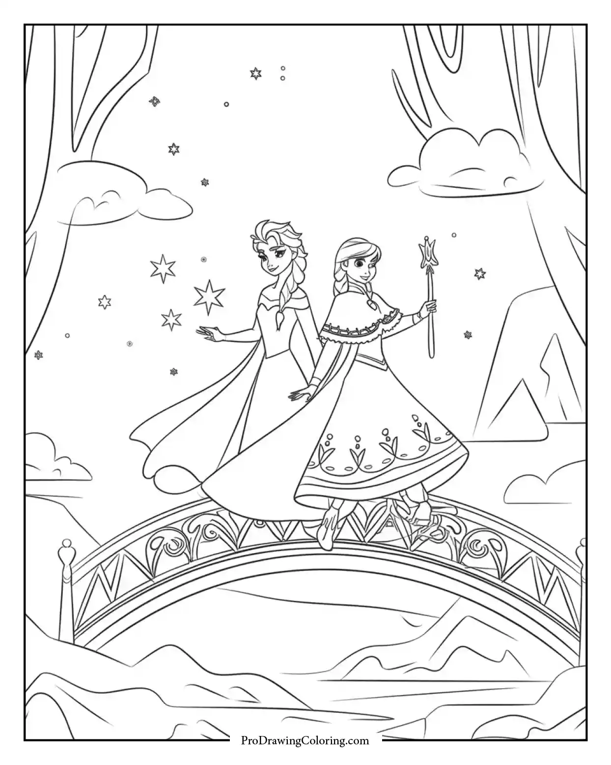 Anna and Elsa crossing a glowing bridge at night