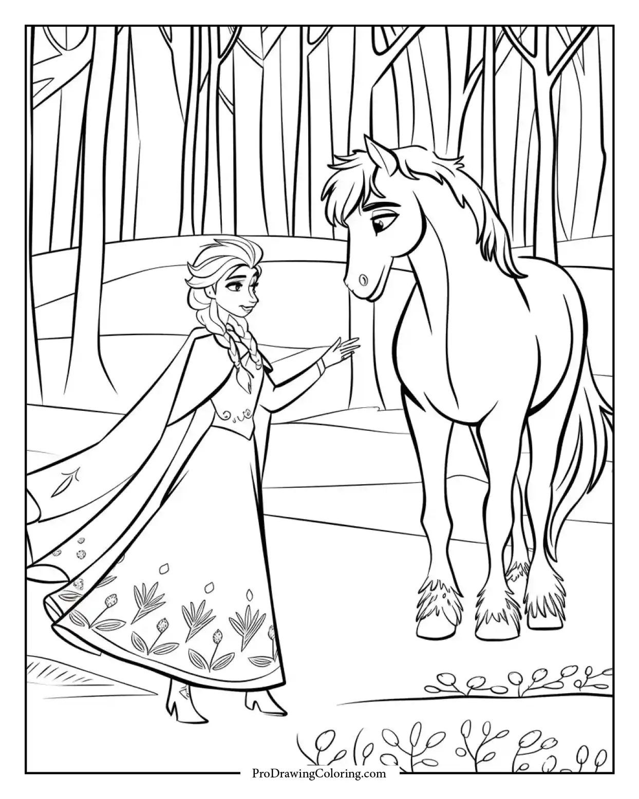 Elsa riding her horse through a snowy forest, winter scene