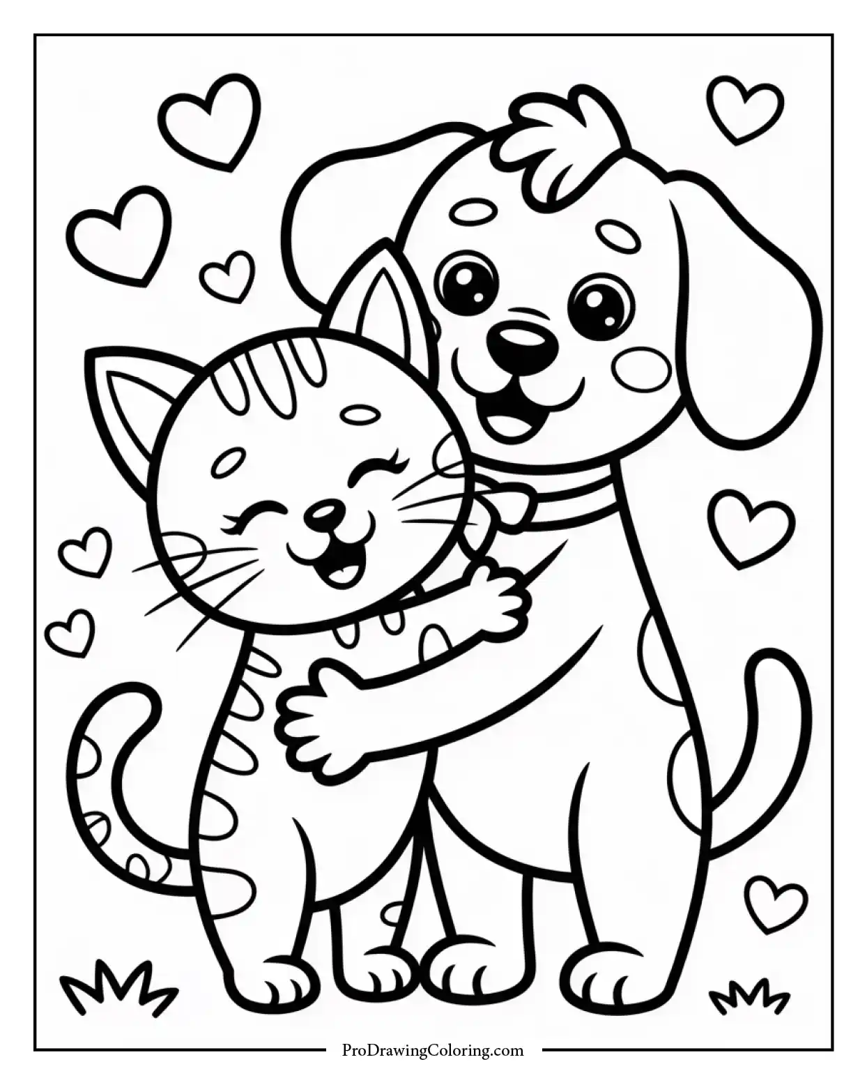 free cat and dog hug coloring sheet Free printable sheet of a cute cat and dog hugging each other with hearts, ideal for young kids