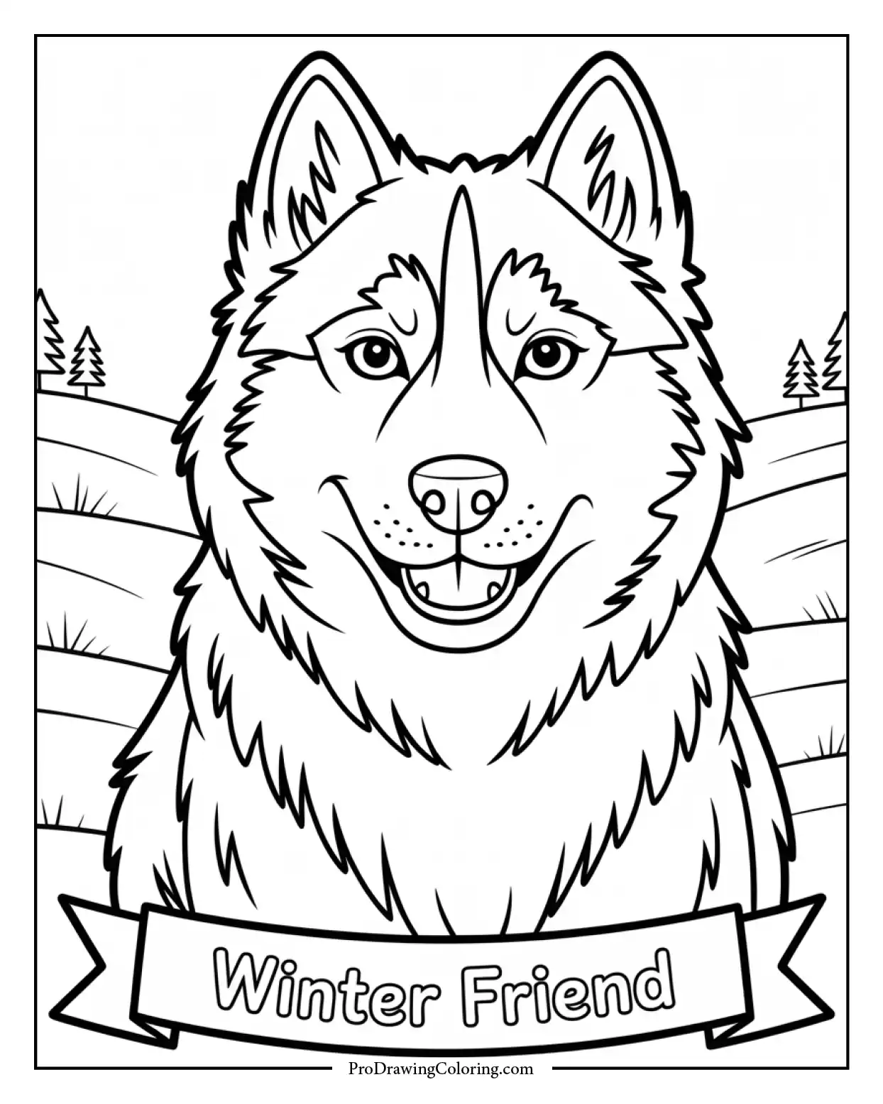 free husky dog portrait coloring page Close-up portrait of a husky with piercing blue eyes and expressive fur, a relaxing project for older kids and adults
