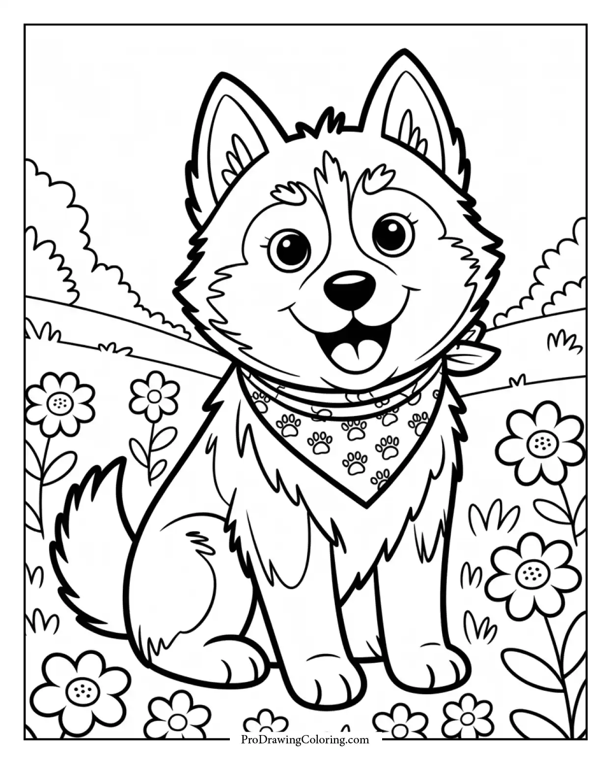 free husky dog puppy coloring page Fun-to-color artwork of a cheerful husky dog with bright eyes and fluffy fur, suitable for young children