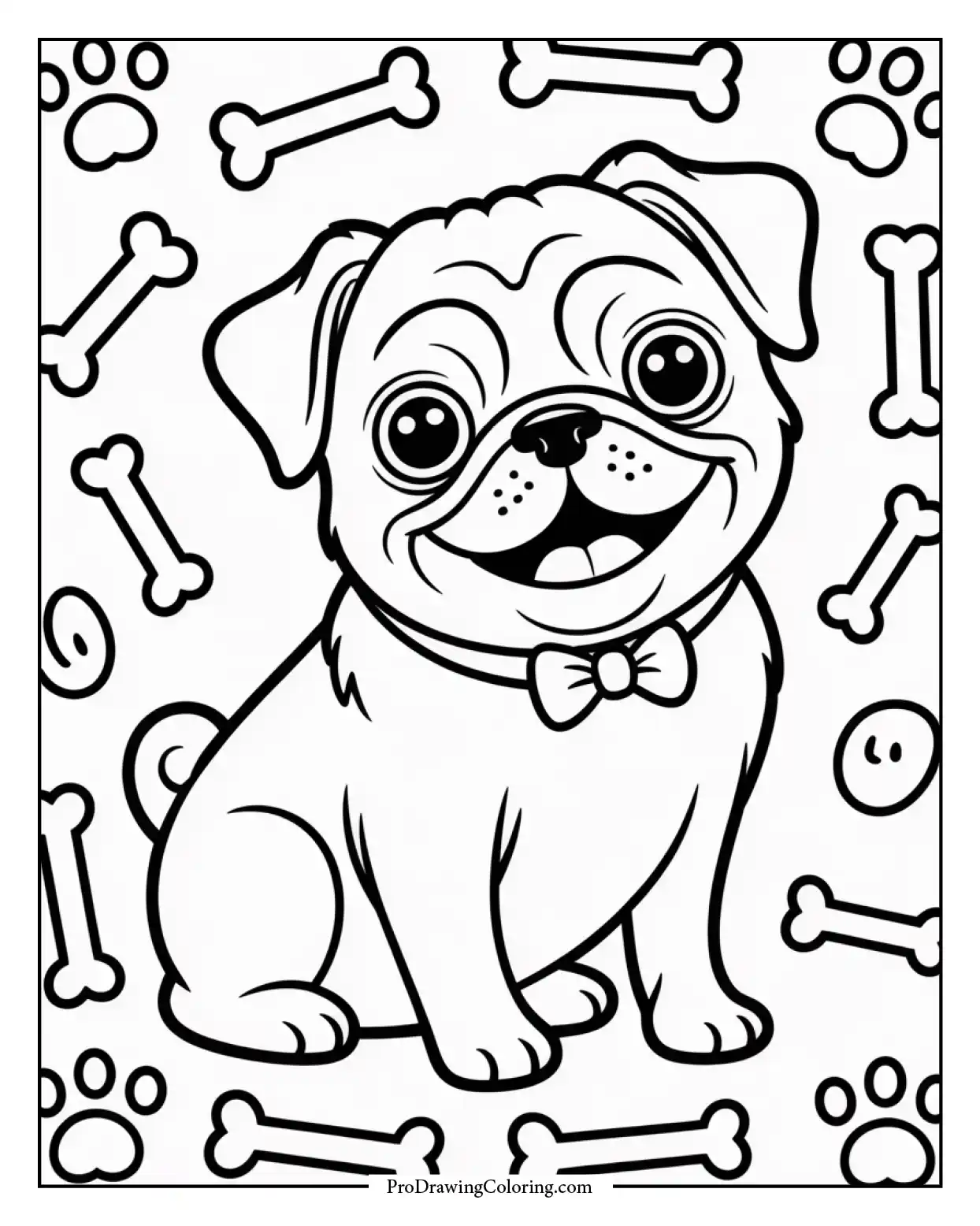 free pug dog coloring sheet Free printable sheet of a happy pug dog with big eyes and a friendly smile, fun for kids and adults