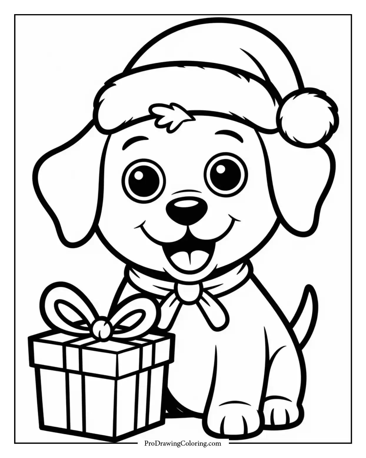 free puppy dog christmas coloring sheet Free printable sheet featuring a festive puppy dog with a Santa hat and gift box, perfect for holiday fun