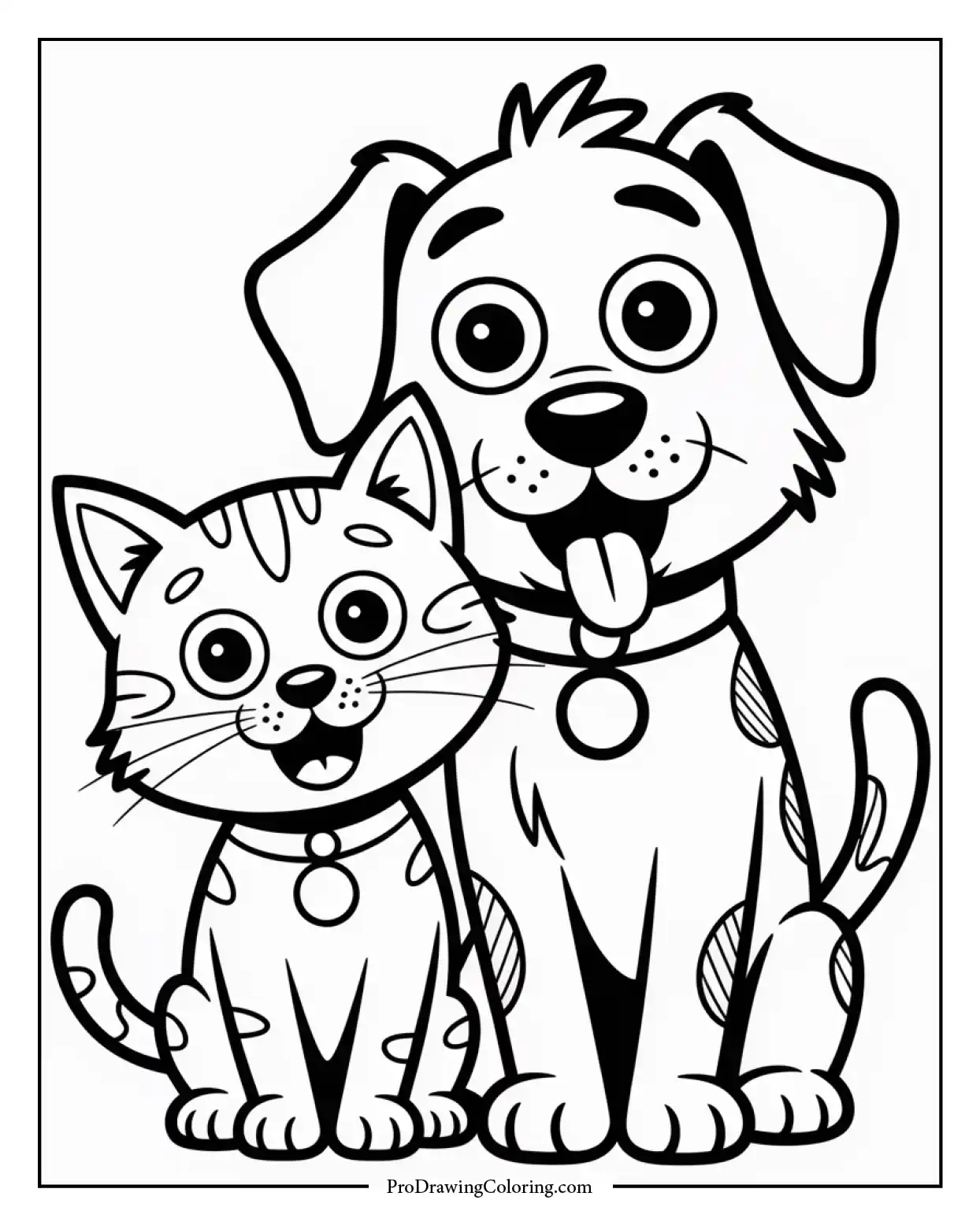 funny cat and dog coloring sheet Printable sheet with a cat and dog making silly faces together, great for kids who love animals