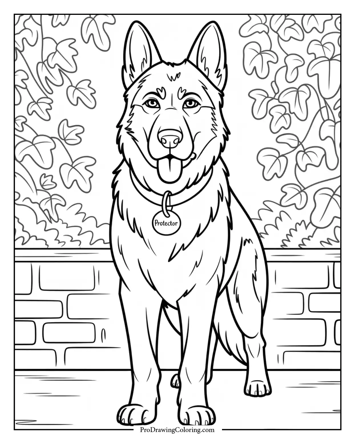 german shepherd guard dog coloring page Printable coloring page of a German Shepherd in a guard stance with focused eyes, great for older kids and adults