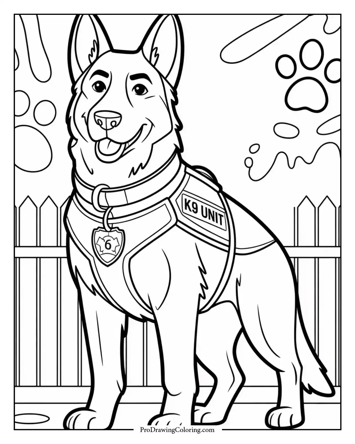 german shepherd with badge coloring page Printable coloring page of a German Shepherd police dog with a badge and vest, ideal for educational fun