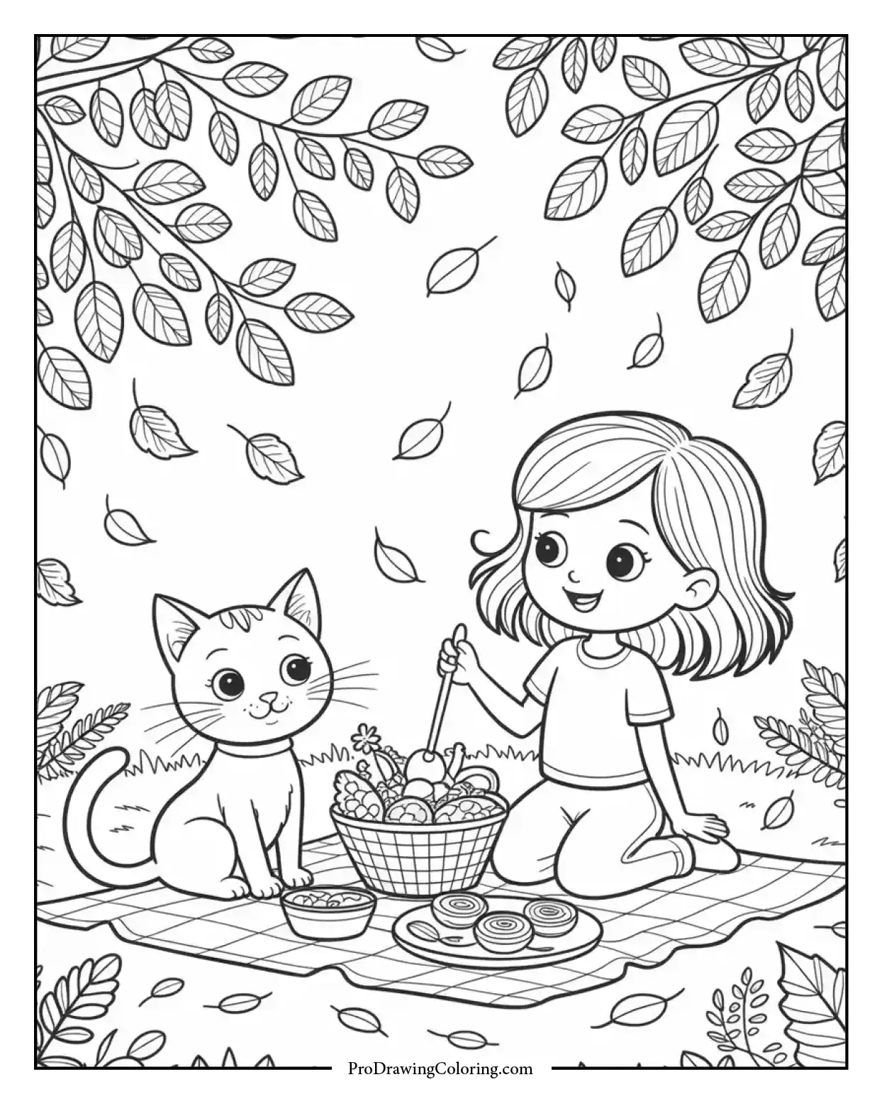 Seasonal fall sheet showing girl and cat having picnic under falling leaves.