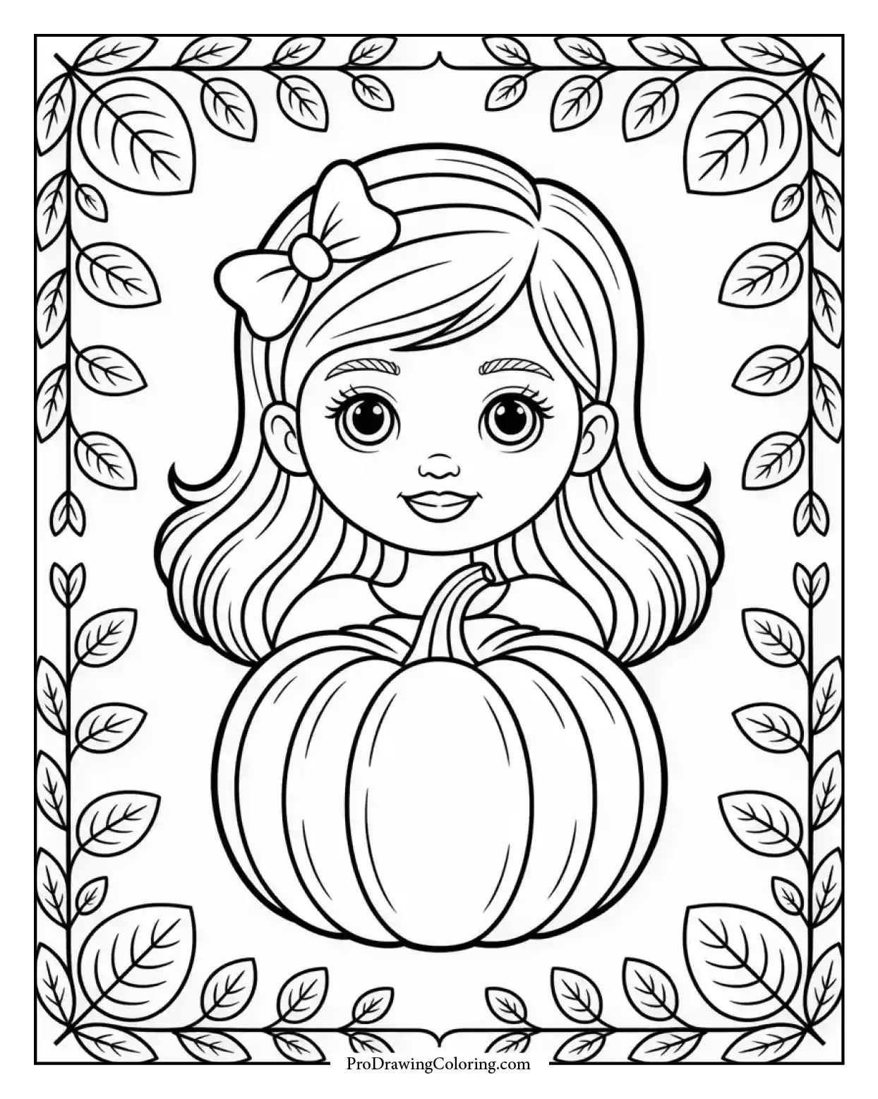 Detailed fall season illustration of girl holding pumpkin with bow in hair and leaf border.