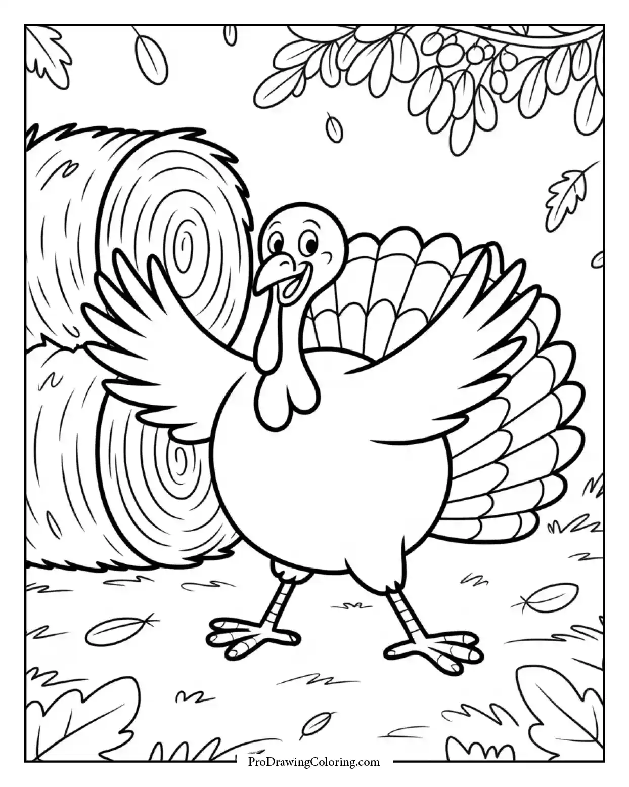 Detailed fall season illustration of happy turkey dancing near hay bales and leaves.