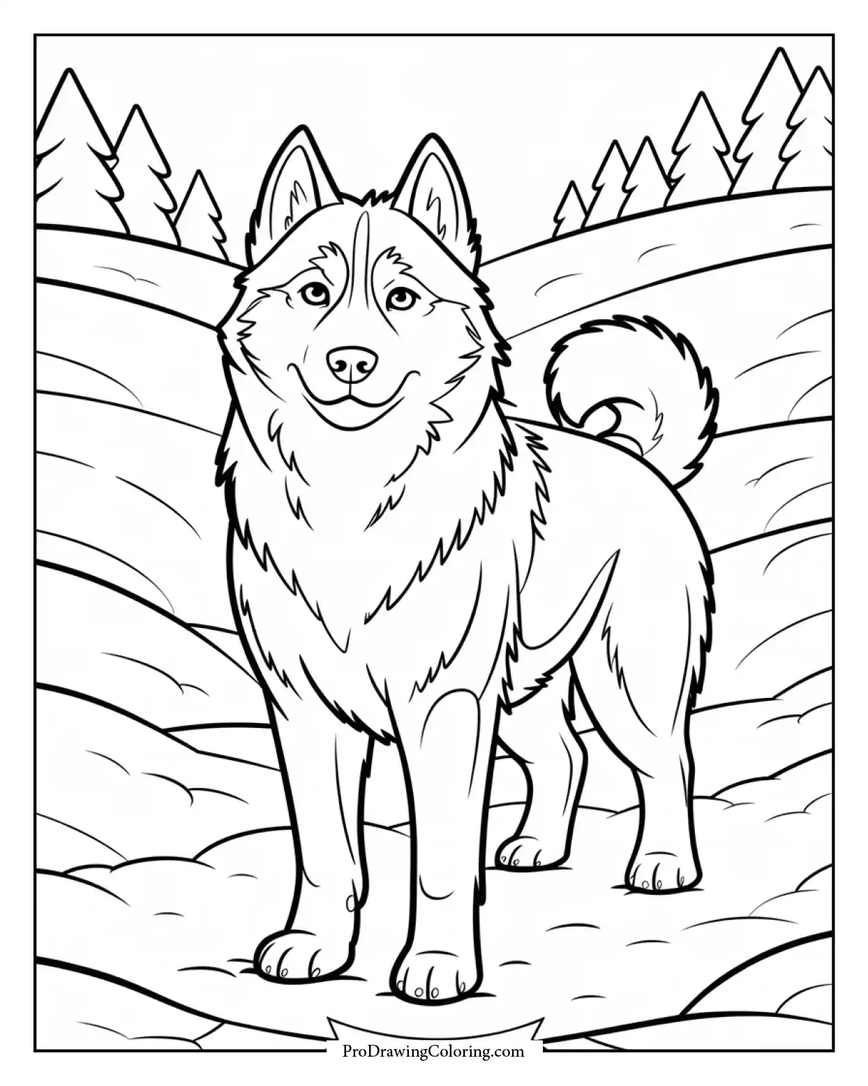 husky dog coloring page Coloring page featuring a majestic husky dog standing in the snow, great for both kids and adults