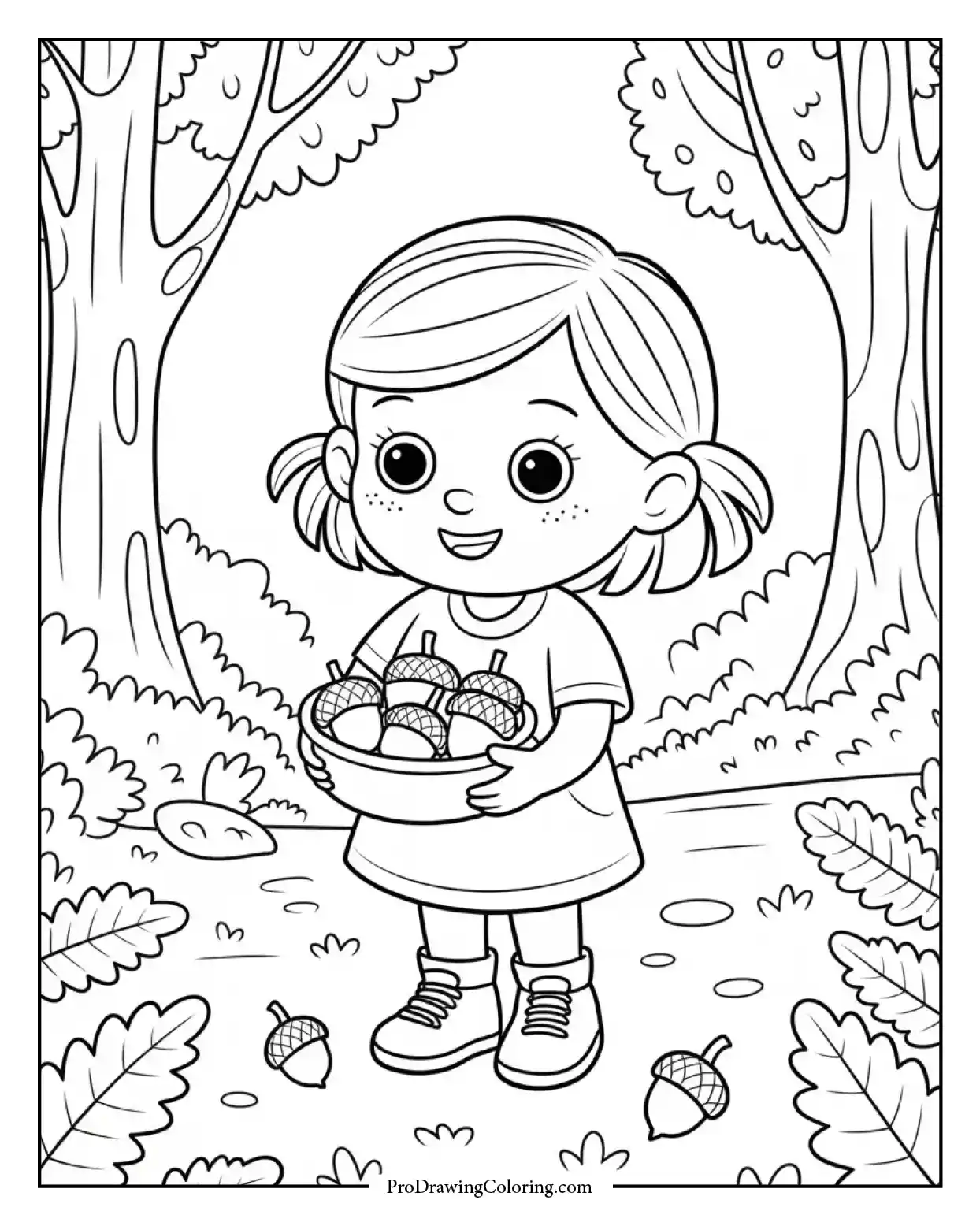 Coloring activity page depicting little girl collecting acorns in a forest.