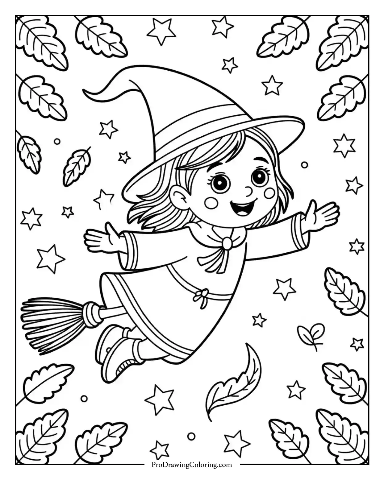Illustration for a fall coloring page showing little witch girl flying with leaves and stars.