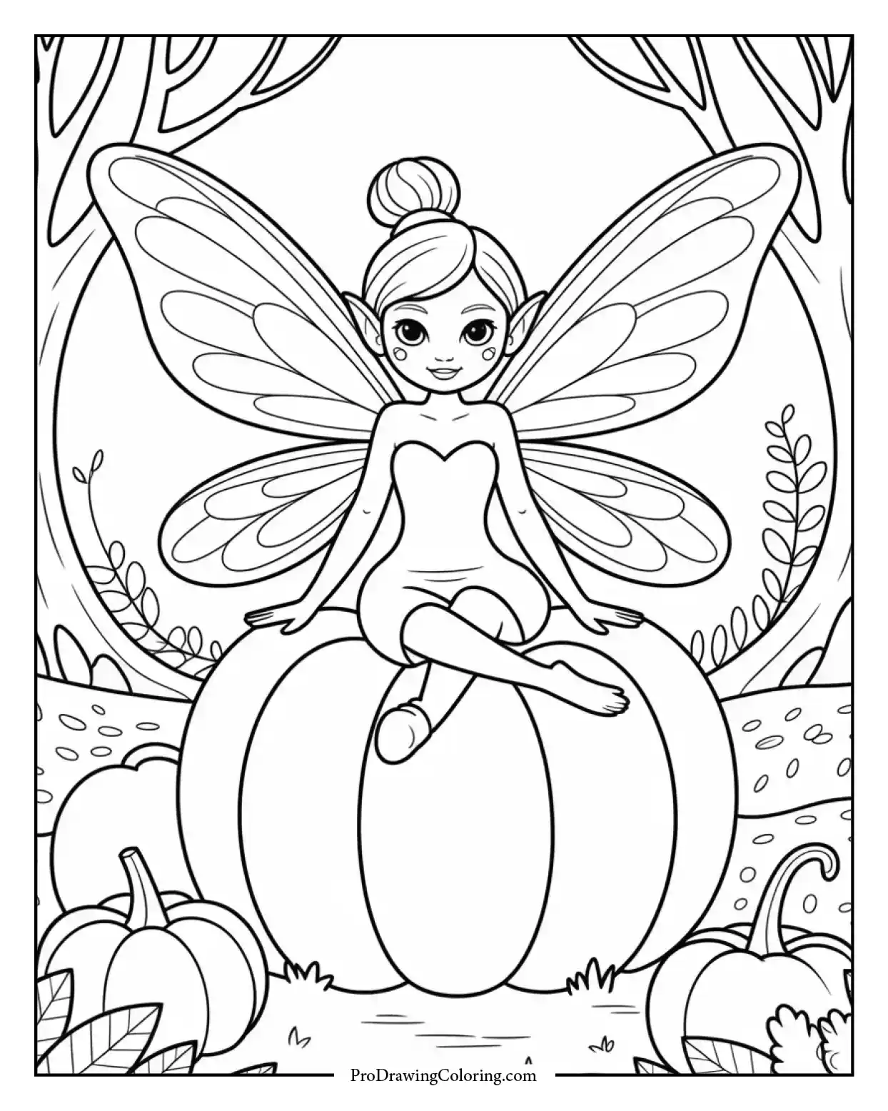 Family-friendly fall coloring sketch of magical fairy sitting on a pumpkin in fall forest.