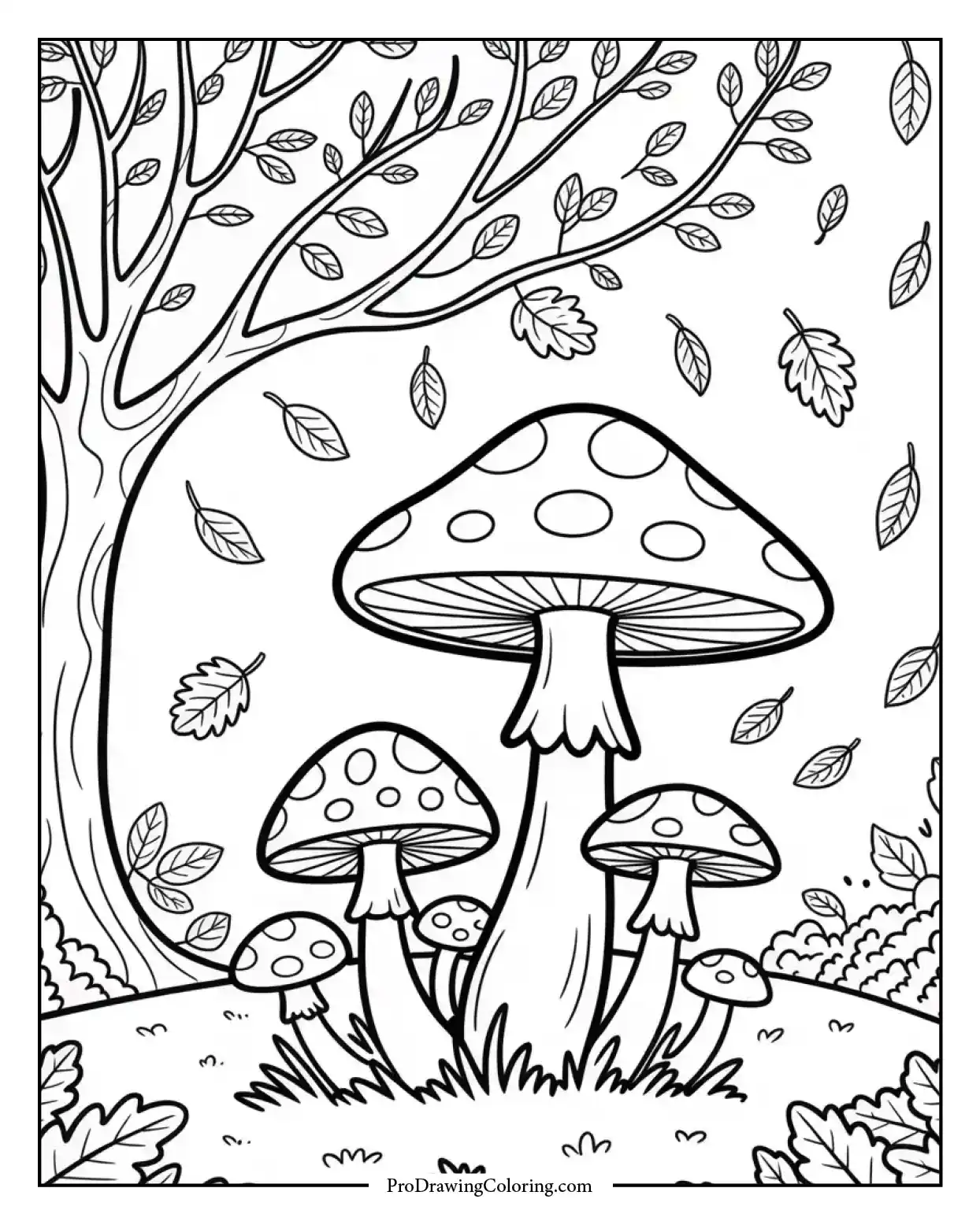 Creative fall coloring design with mushroom patch under fall tree with falling leaves.