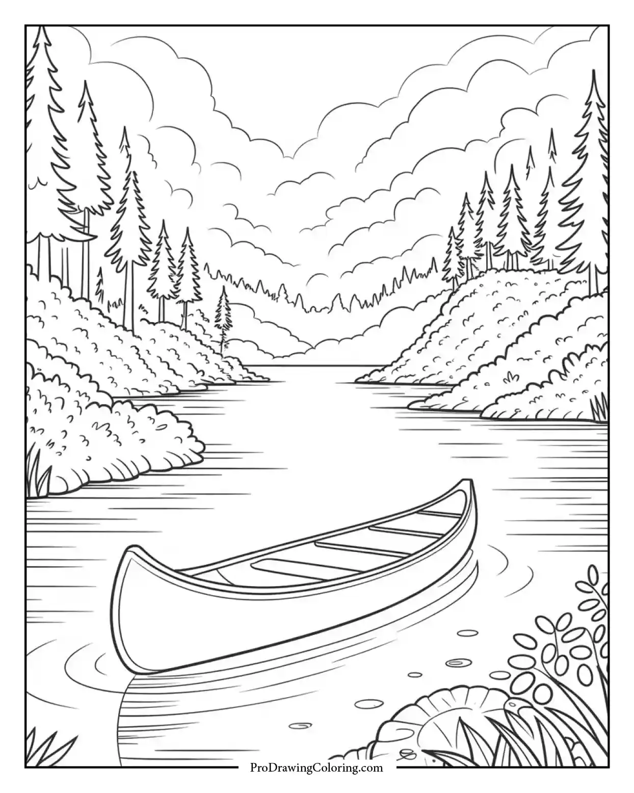Whimsical fall coloring image of peaceful lake with canoe, trees, and soft autumn fog.