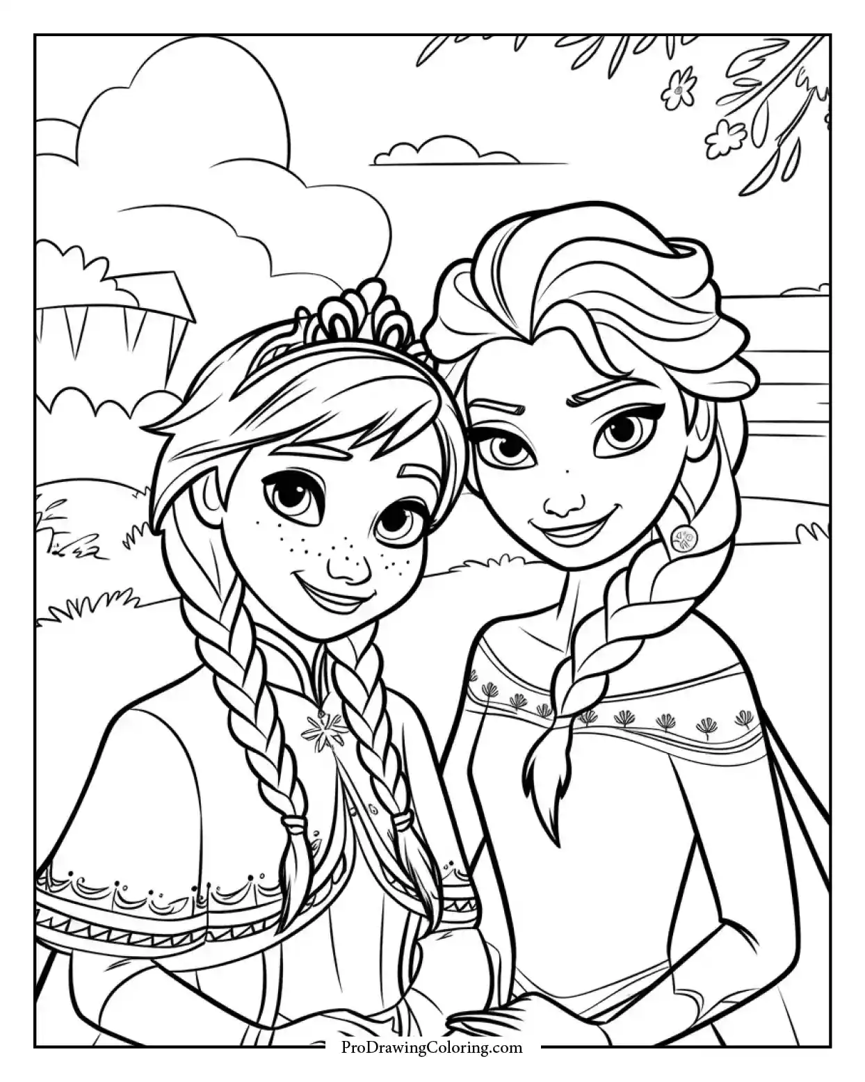 Anna and Elsa picking flowers in a meadow, kid friendly