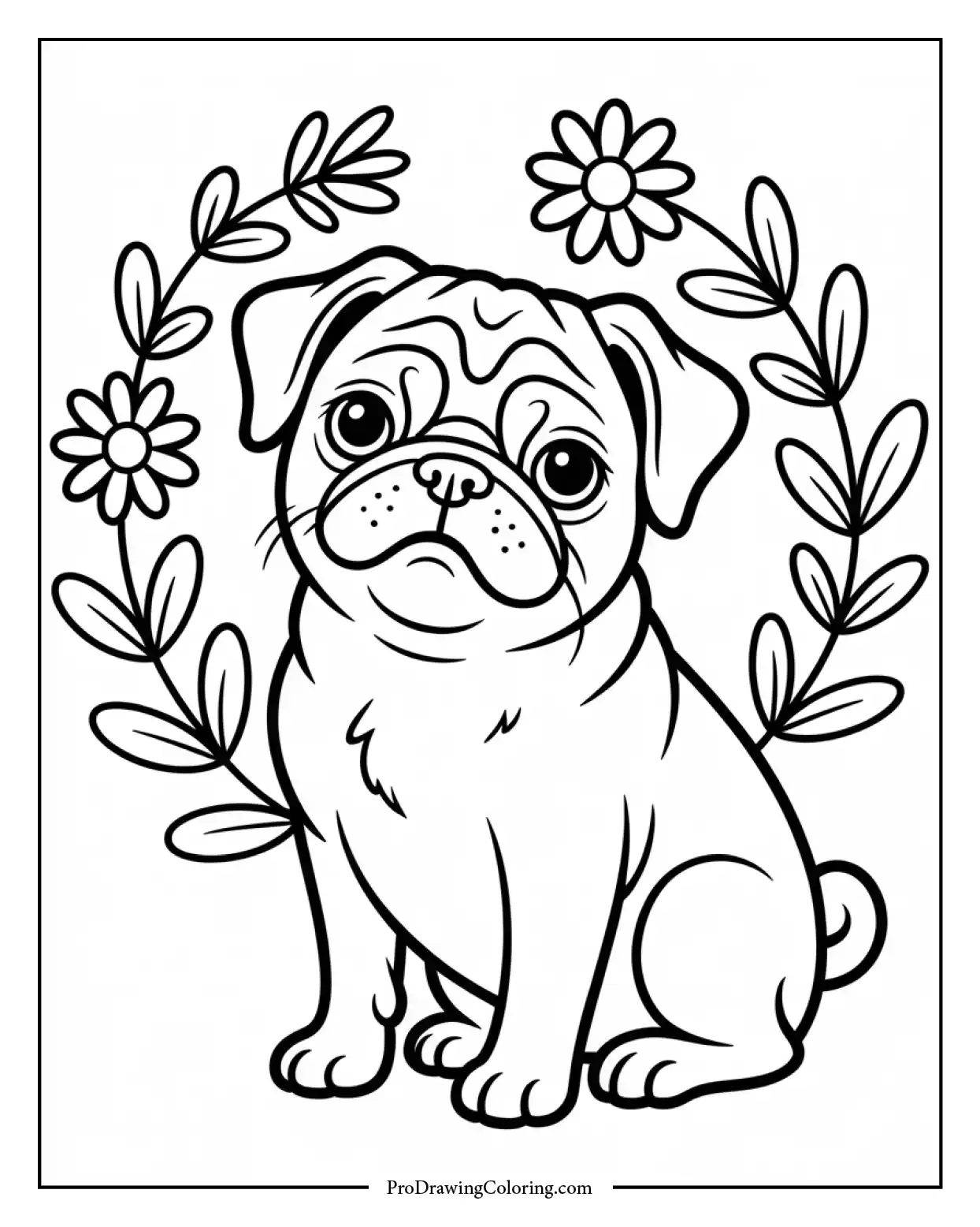 pug dog coloring page Printable coloring page of a pug dog sitting with a wrinkled face and curly tail, perfect for all ages