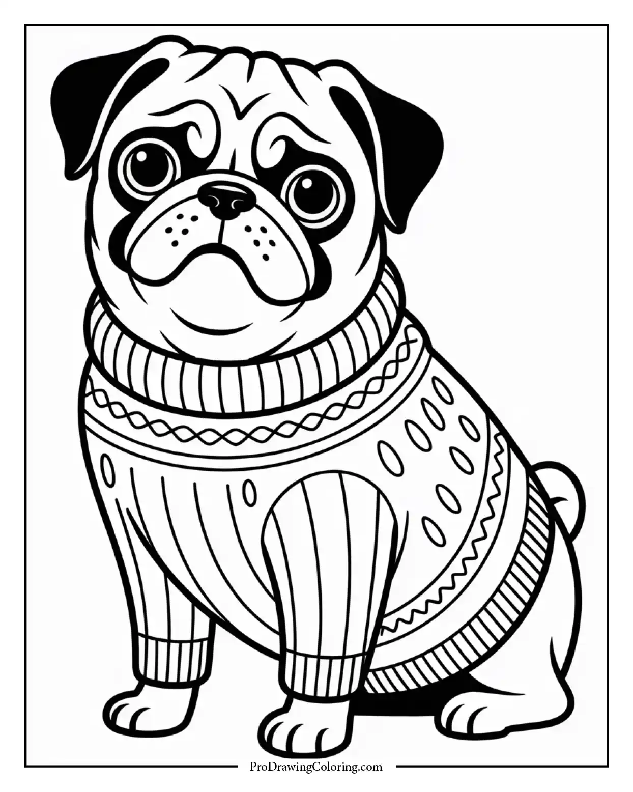 pug dog in sweater coloring sheet Free coloring sheet of a stylish pug dog wearing a sweater, perfect for fun and cozy coloring