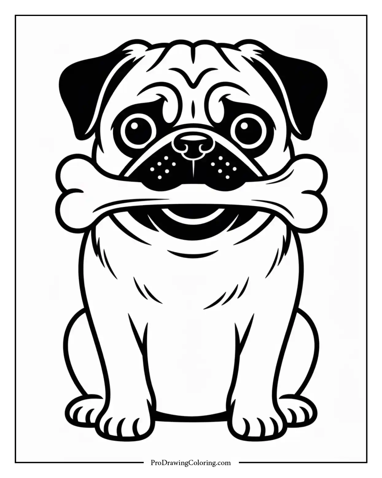 pug dog with bone coloring sheet Free printable sheet of a pug dog holding a bone in its mouth, perfect for animal-loving kids