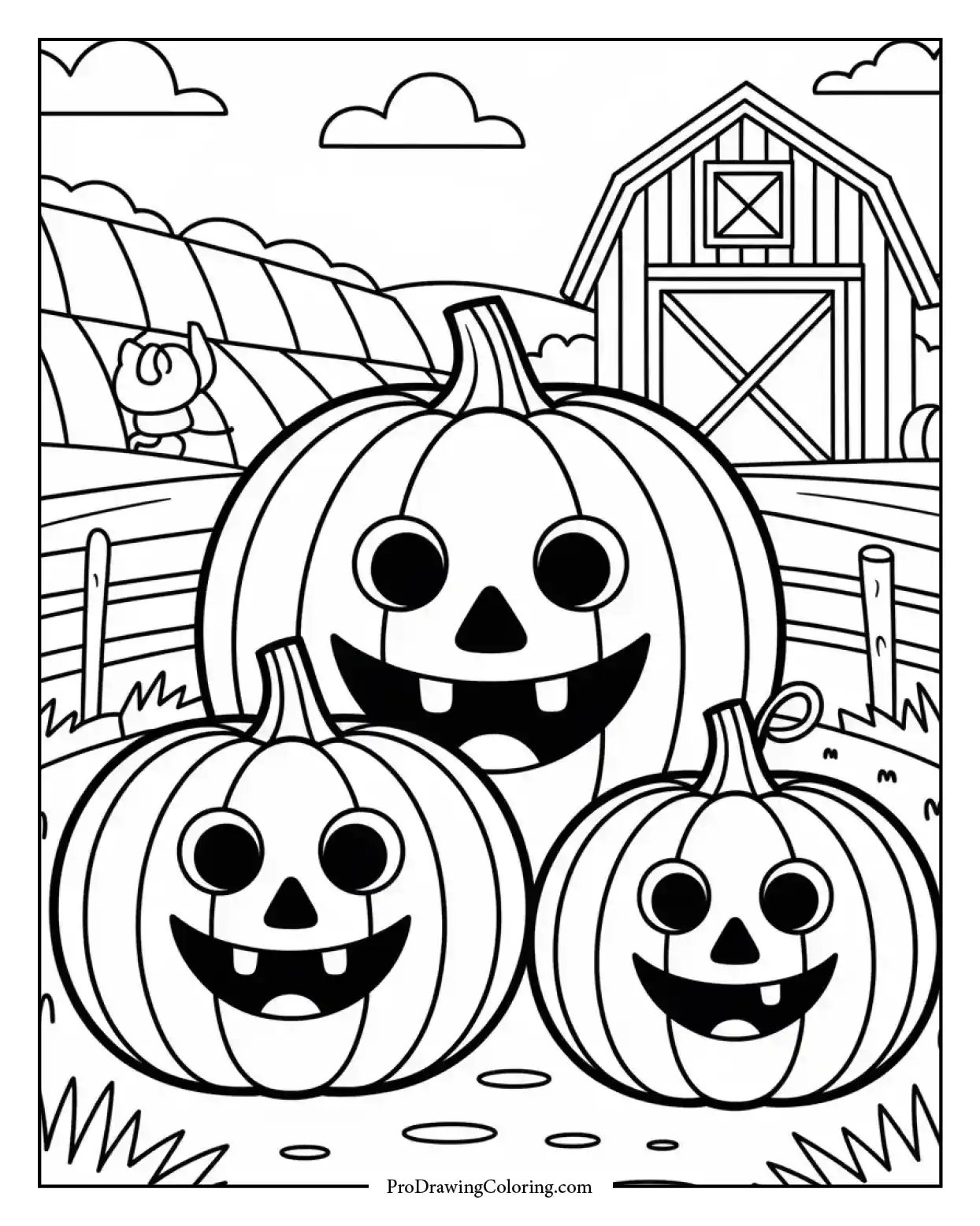 Cozy autumn coloring design of pumpkin family with faces in a cheerful farm background.