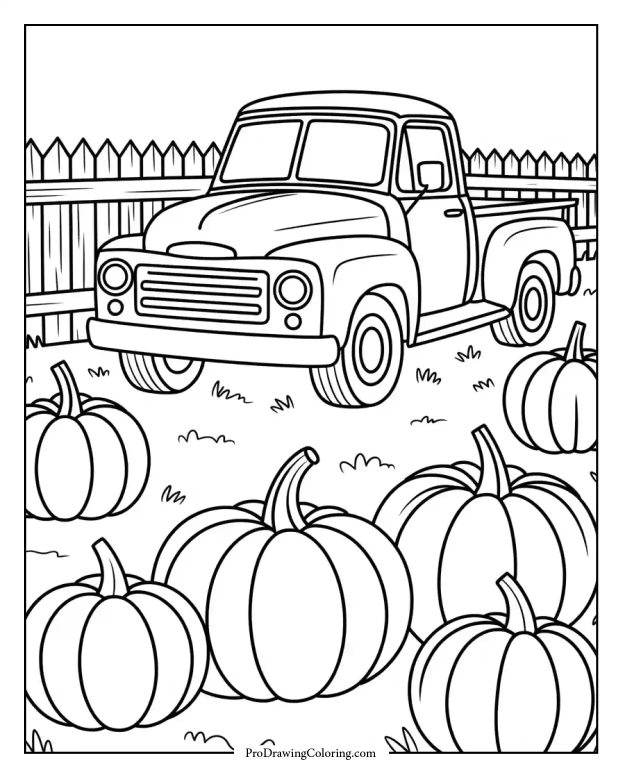 Captivating fall coloring page image of pumpkin patch with vintage truck and rustic fence.