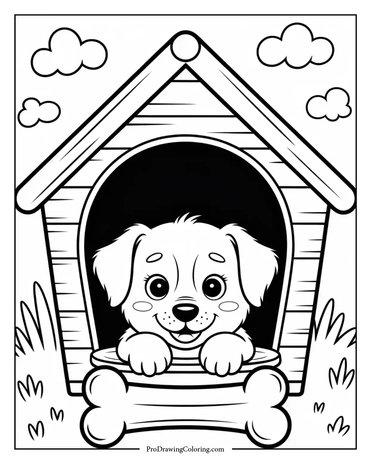 puppy in doghouse coloring sheet Printable sheet showing a cute puppy resting in a doghouse with a bone, ideal for boys and girls
