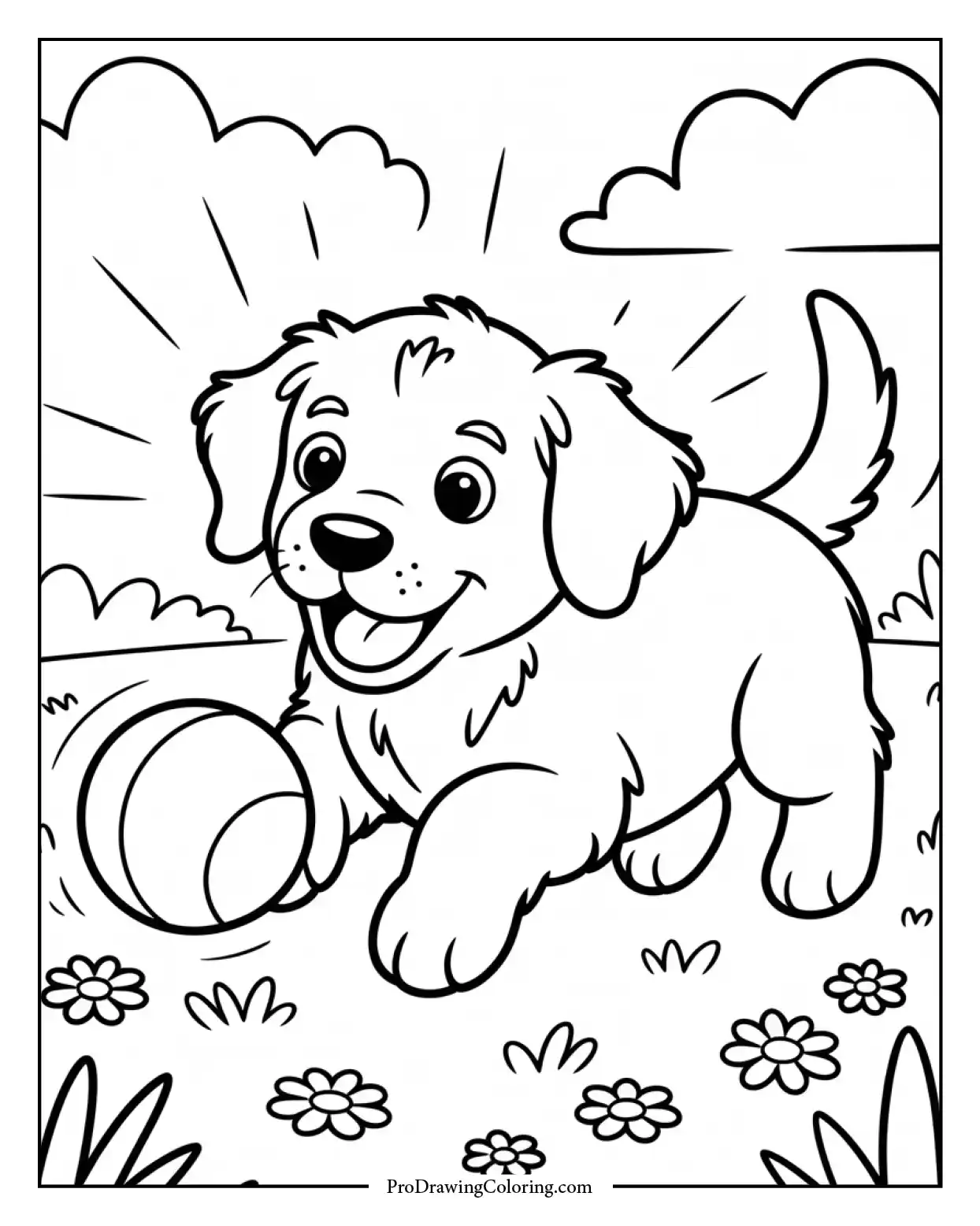 puppy with ball coloring page Coloring page of a playful puppy chasing a ball, easy and fun for kids to color