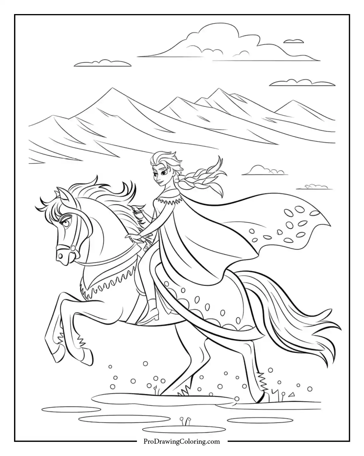 Super printable coloring page of Queen Elsa on a magical snow horse